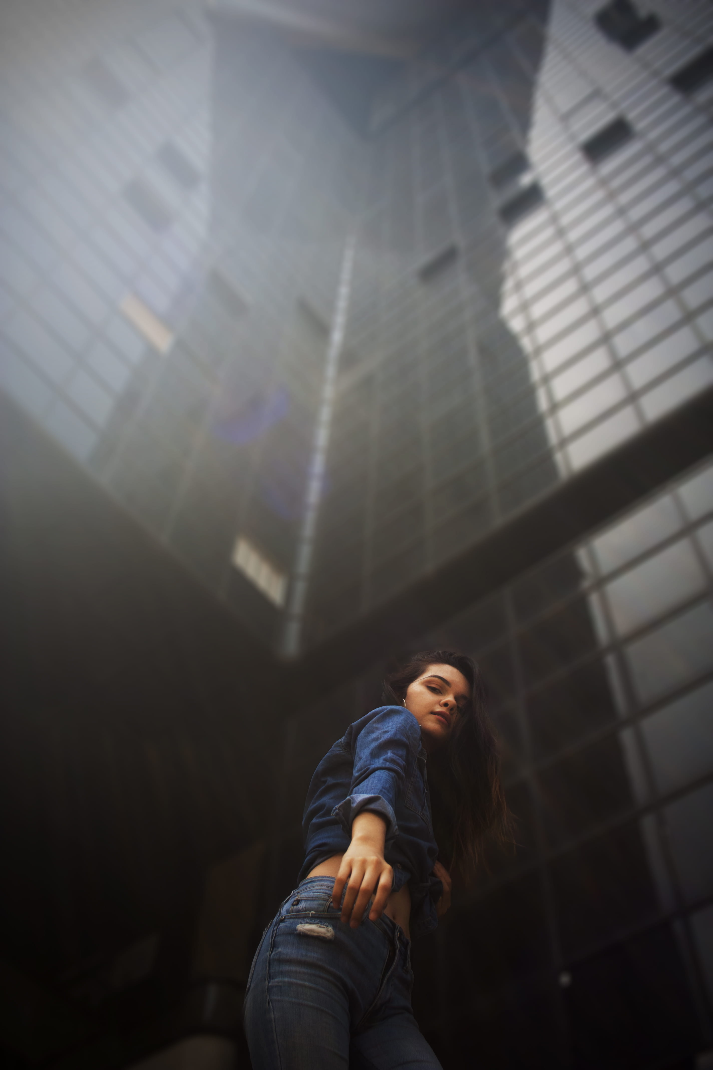 built structure, clothing, daytime, contemplation, lady, young women, looking, black, three quarter length, girl, casual clothing, looking down, building exterior, Phone HD Wallpaper