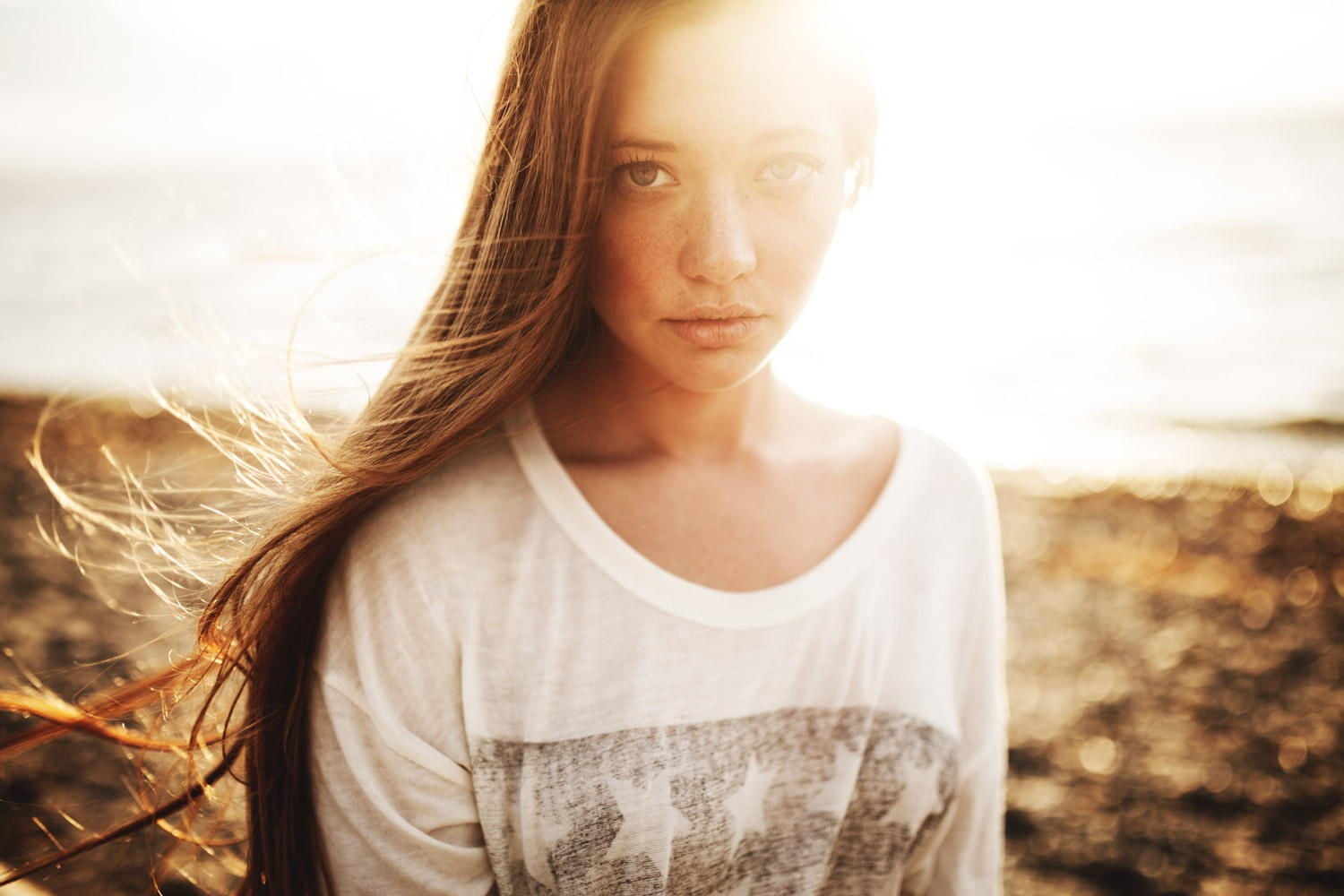 white tops, model, human hair, brown hair, nature, adult, hairstyle, beach, crew, top, back lit, looking at viewer, outdoors, beautiful woman, neck, beautiful people, HD Wallpaper