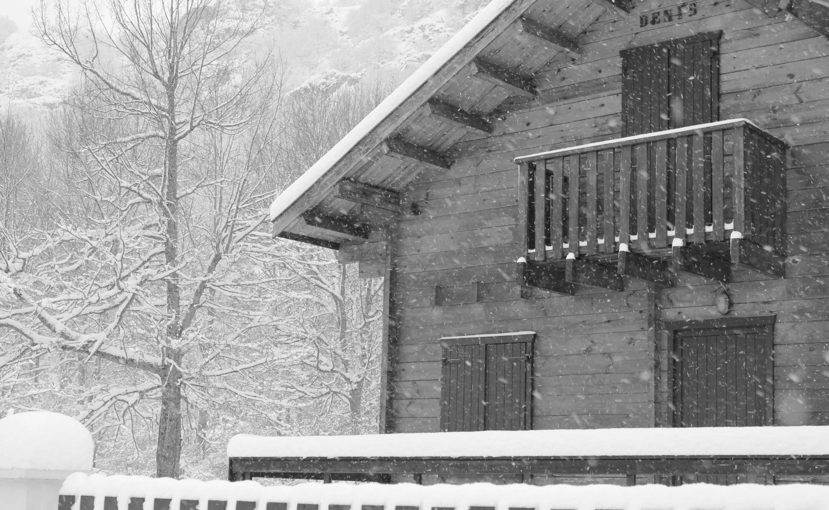 Chalet, Seasons, building exterior, outdoors, low angle view, architecture, Monochrome, tree, snowing, 2K, cold temperature, house, religion, story, Snow, HD Wallpaper