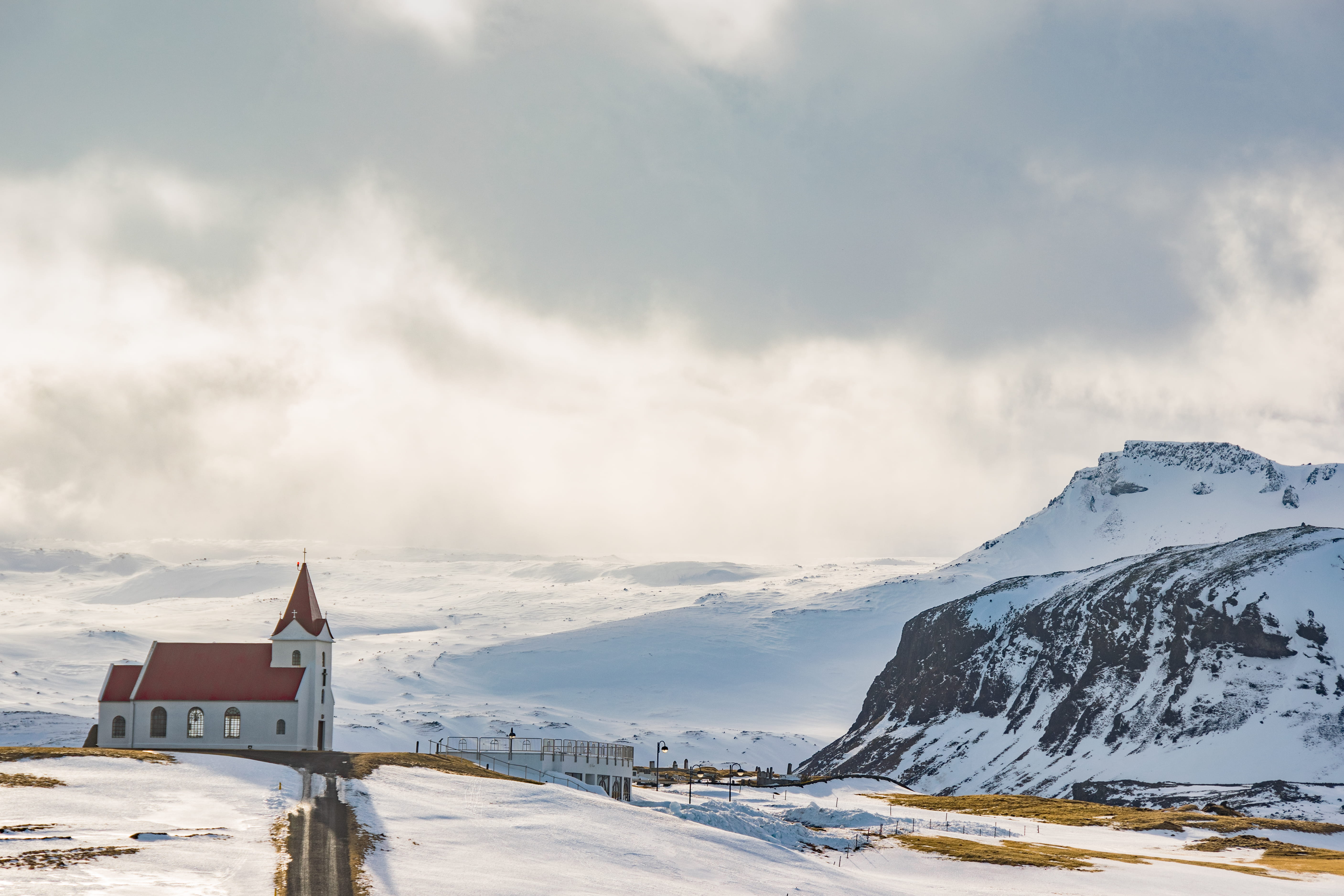 nature, landscape, cathedral, white color, day, scenics - nature, snow capped, daylight, covered, outdoors, grass, sky, church, sign, winter, white, foggy, HD Wallpaper