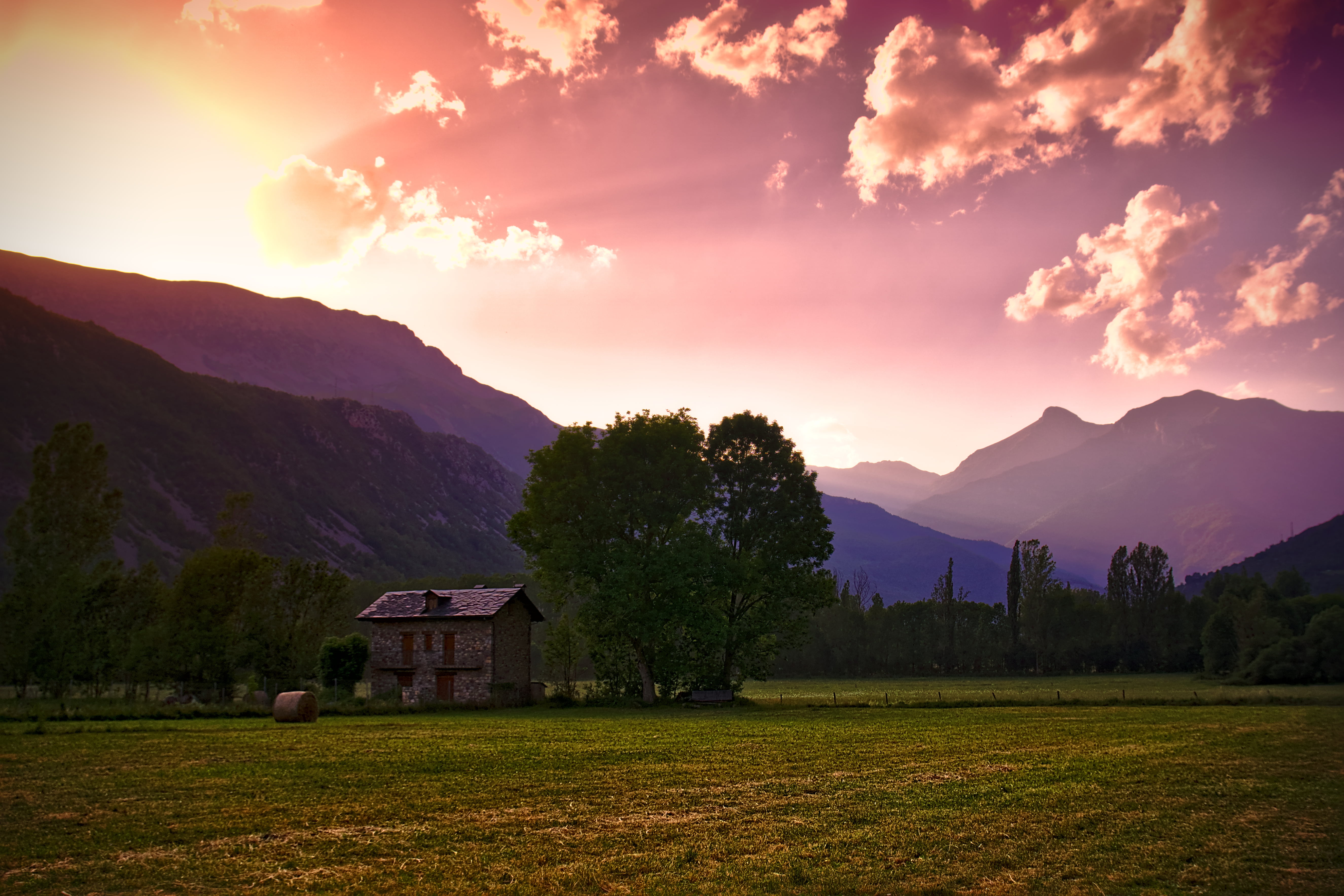 sky, green, green grass, grass field, crepuscular rays, rural Scene, middle, summer, scenics, clouds, darktable, field, meadow, house, nature, hay, outdoors, HD Wallpaper