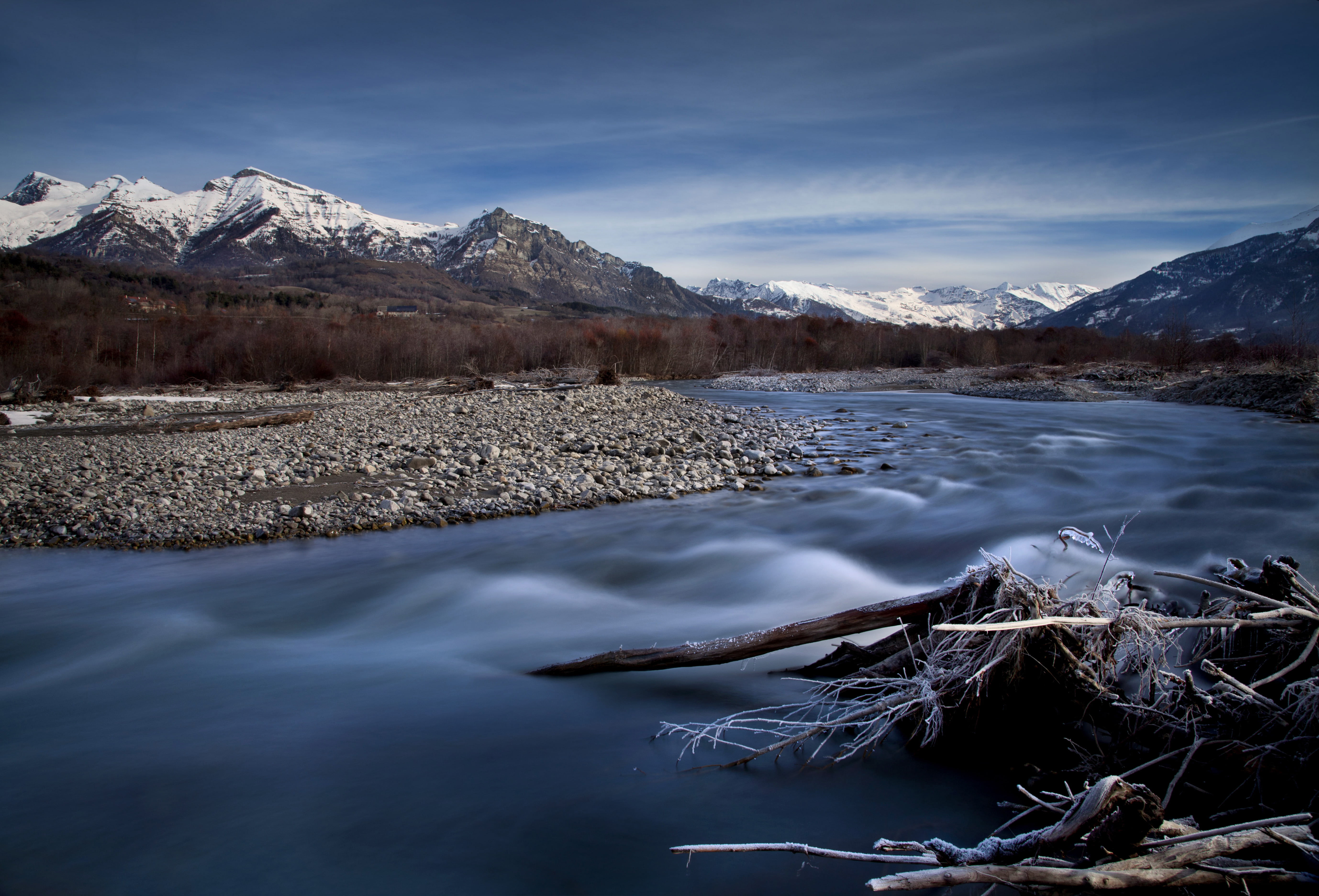 snow, nature, winter, photo, mountain, mountains, Hautes Alpes, montagne, france, 5K, water, long exposure, mountain Peak, Alps, scenics, color, couleur, HD Wallpaper