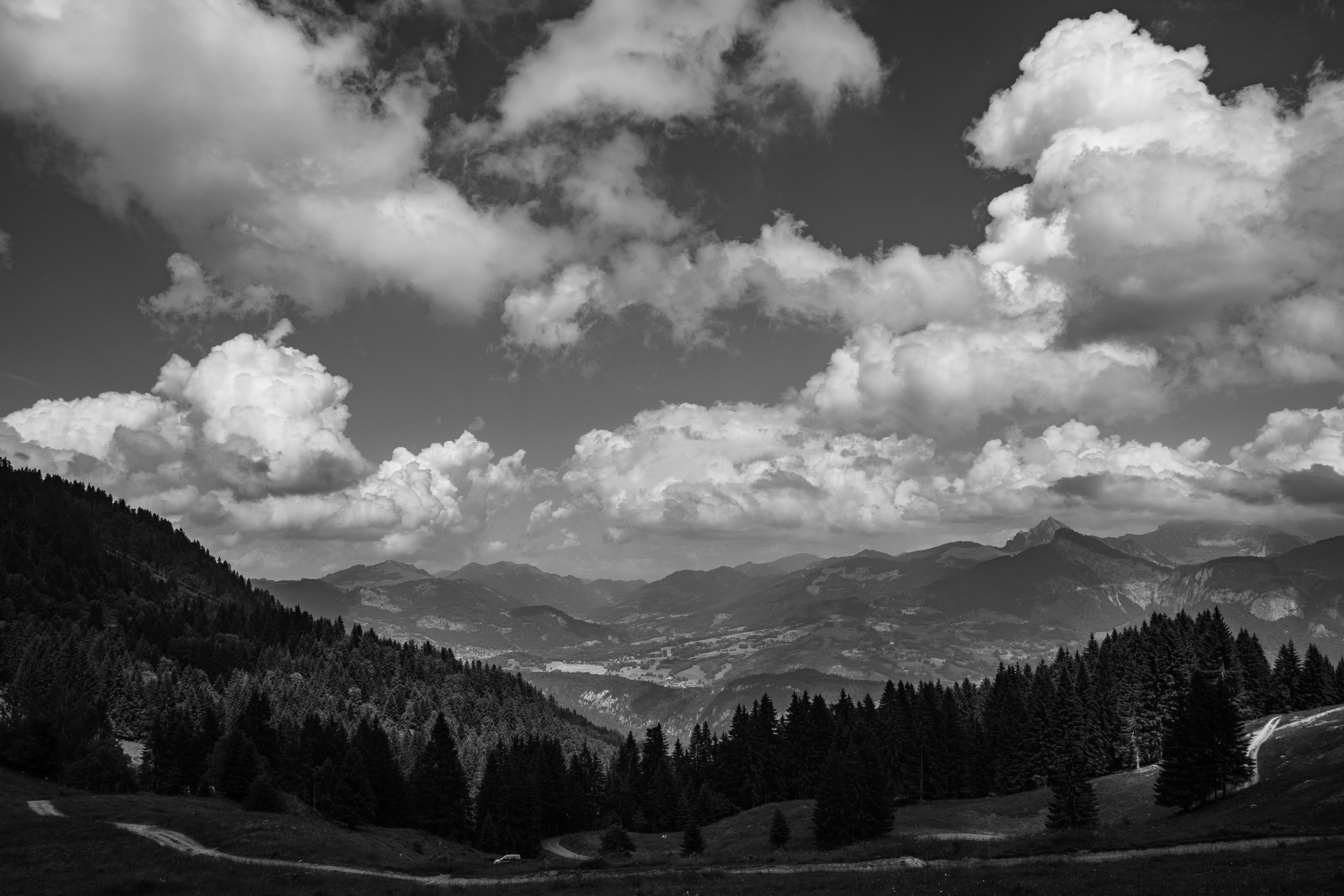 altitude, nature, environment, clarity, tranquil scene, le môle, sky, blackandwhite, land, plant, tree, clouds, tranquility, high, remote, day, france, HD Wallpaper