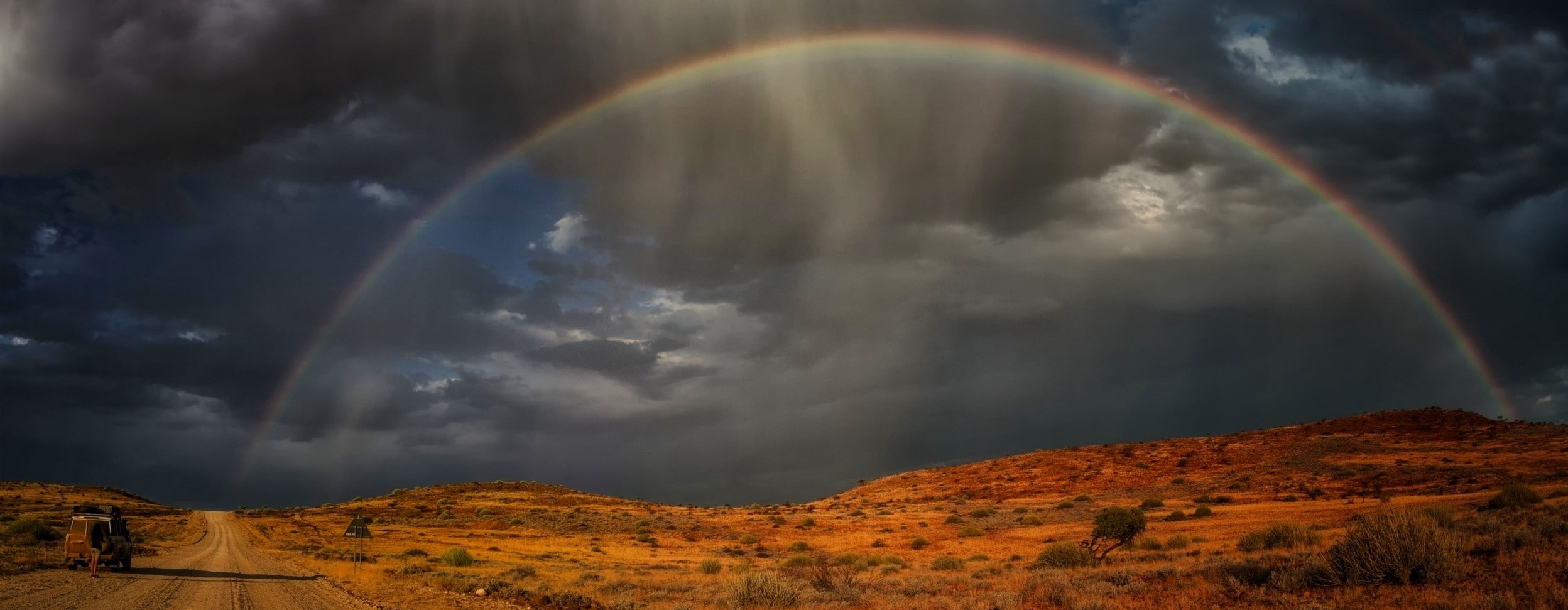 dirt, africa, shrubs, 4x4, landscape, rain, rainbows, namibia, 1080P, clouds, nature, x, steppe, dirt road, road, HD Wallpaper