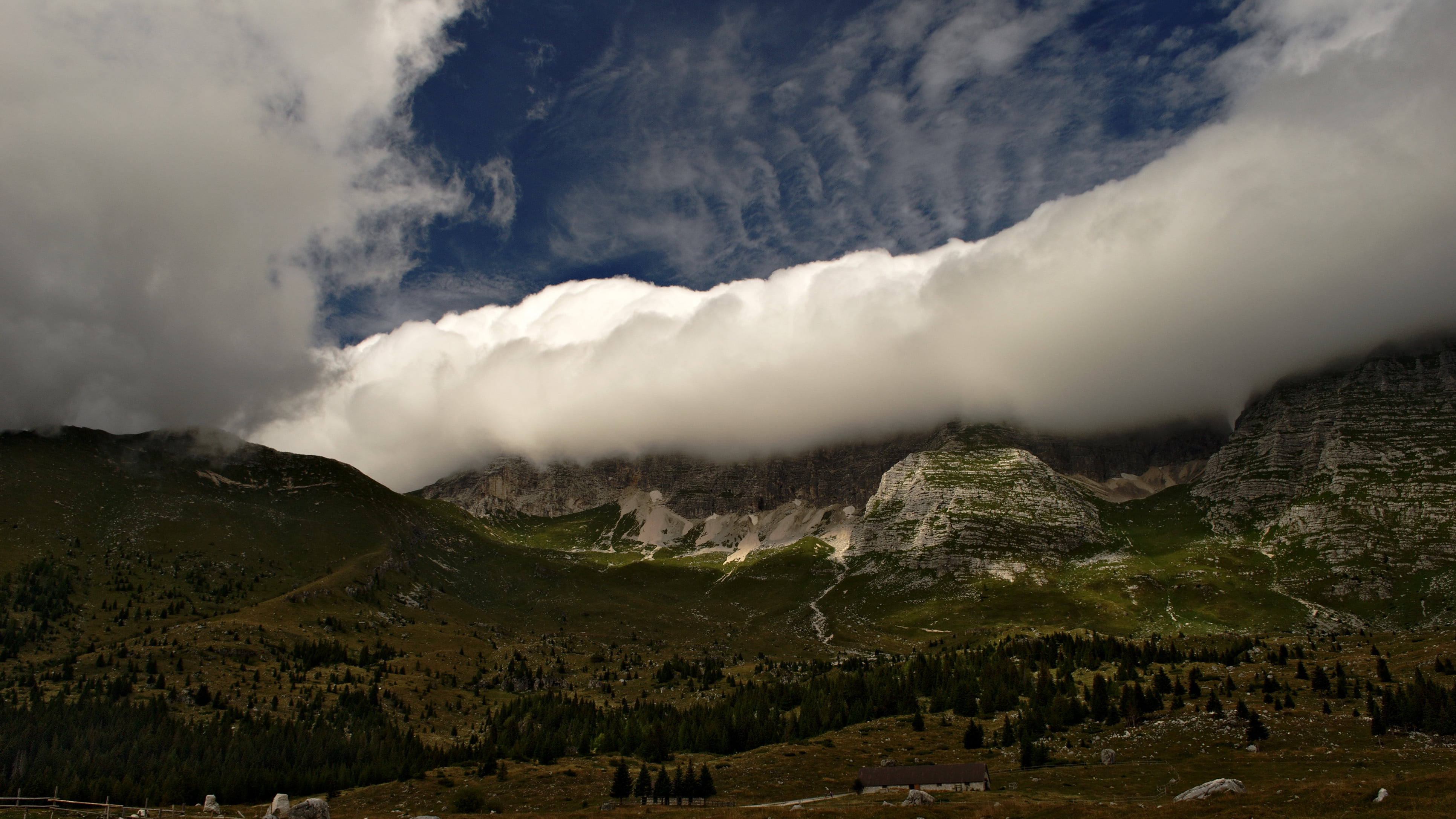 scenics, cloud - Sky, photo, dolomites, outdoors, landscape, mountain Peak, 4K, mountain, european Alps, sky, rock - Object, landmarks, hug, nature, malga, HD Wallpaper