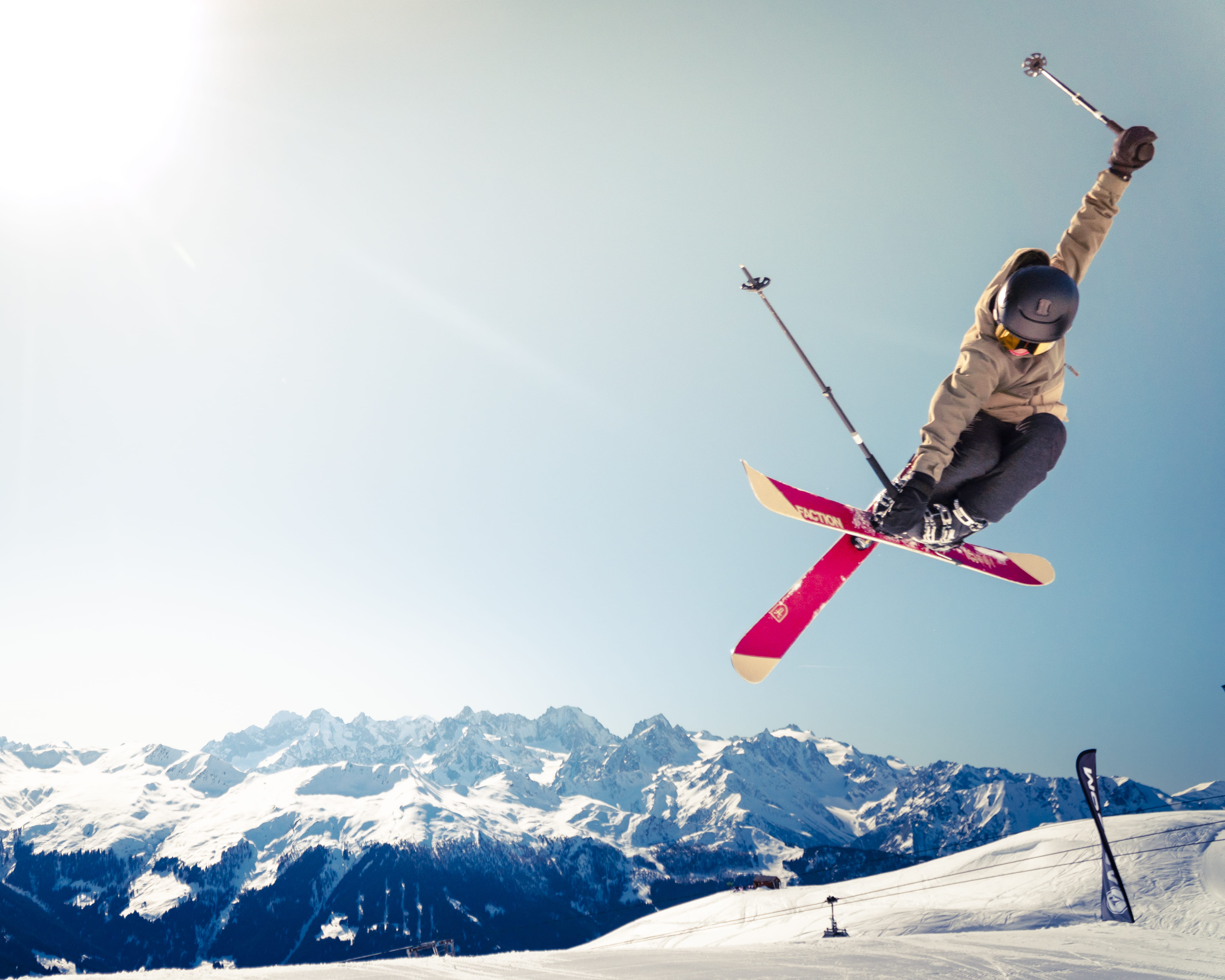 landscape, ski, symbol, text, mountain, snowcapped mountain, winter sport, trick, brown, jacket, blade, mountain range, piste, leisure activity, vacations, HD Wallpaper