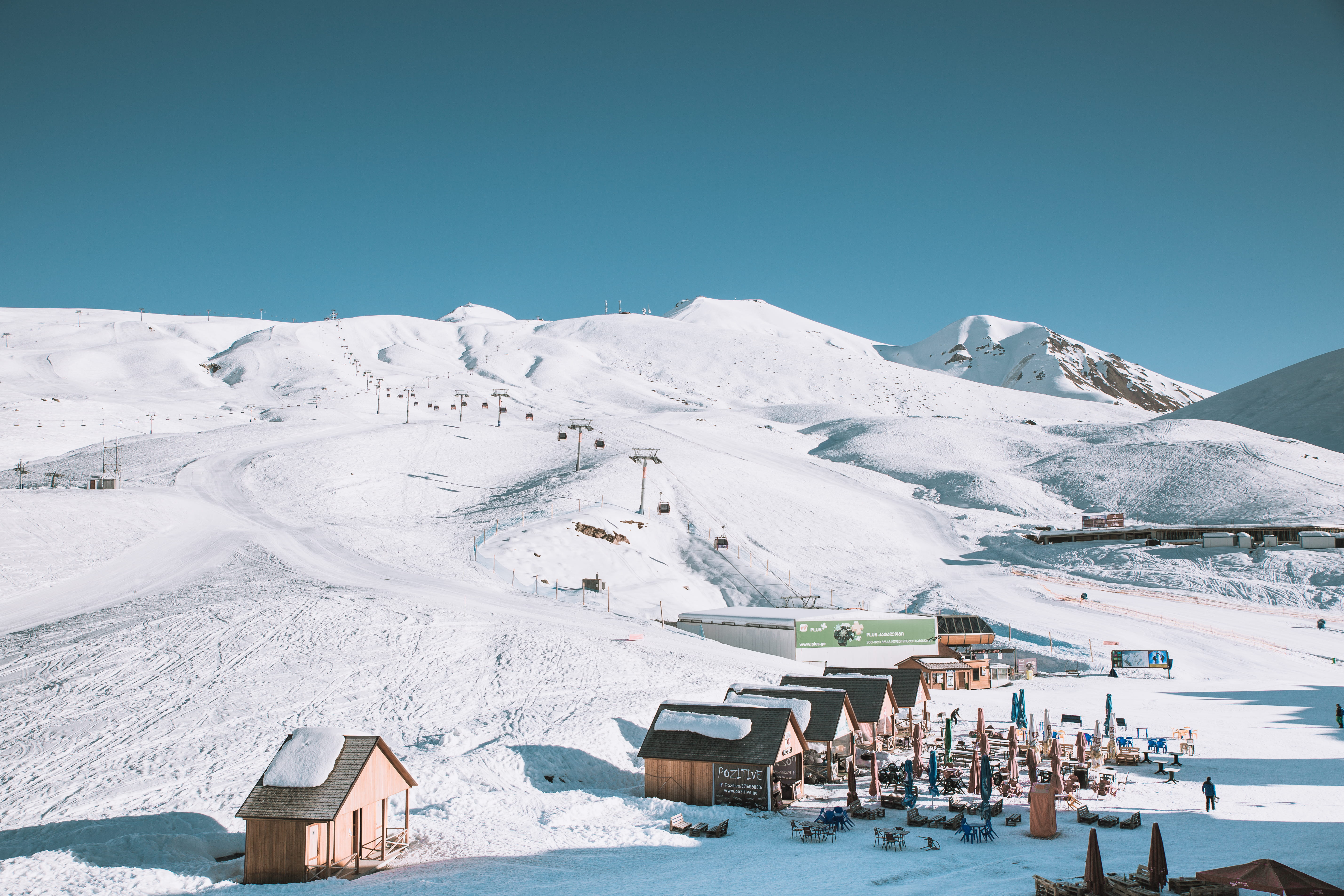 houses, human, scenics - nature, georgia, travel destinations, mountain, architecture, white color, person, resort, 5K, ice, beauty in nature, rural, mountain range, HD Wallpaper