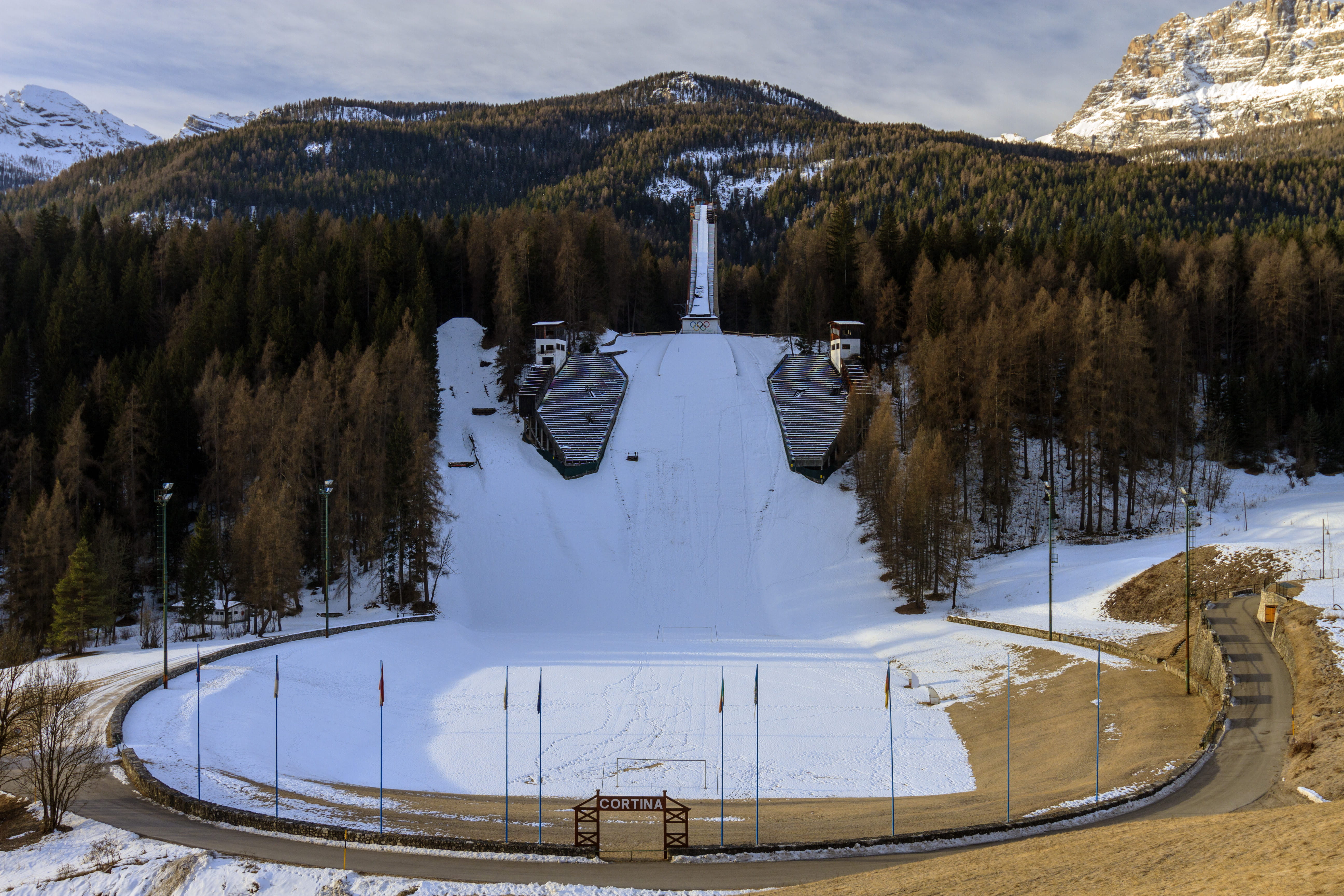 olympic games, winter, history, ice, pine, nature, cloud - sky, piste, italy, ski jump, abies, day, building, mountain, cold temperature, water, non-urban scene, HD Wallpaper