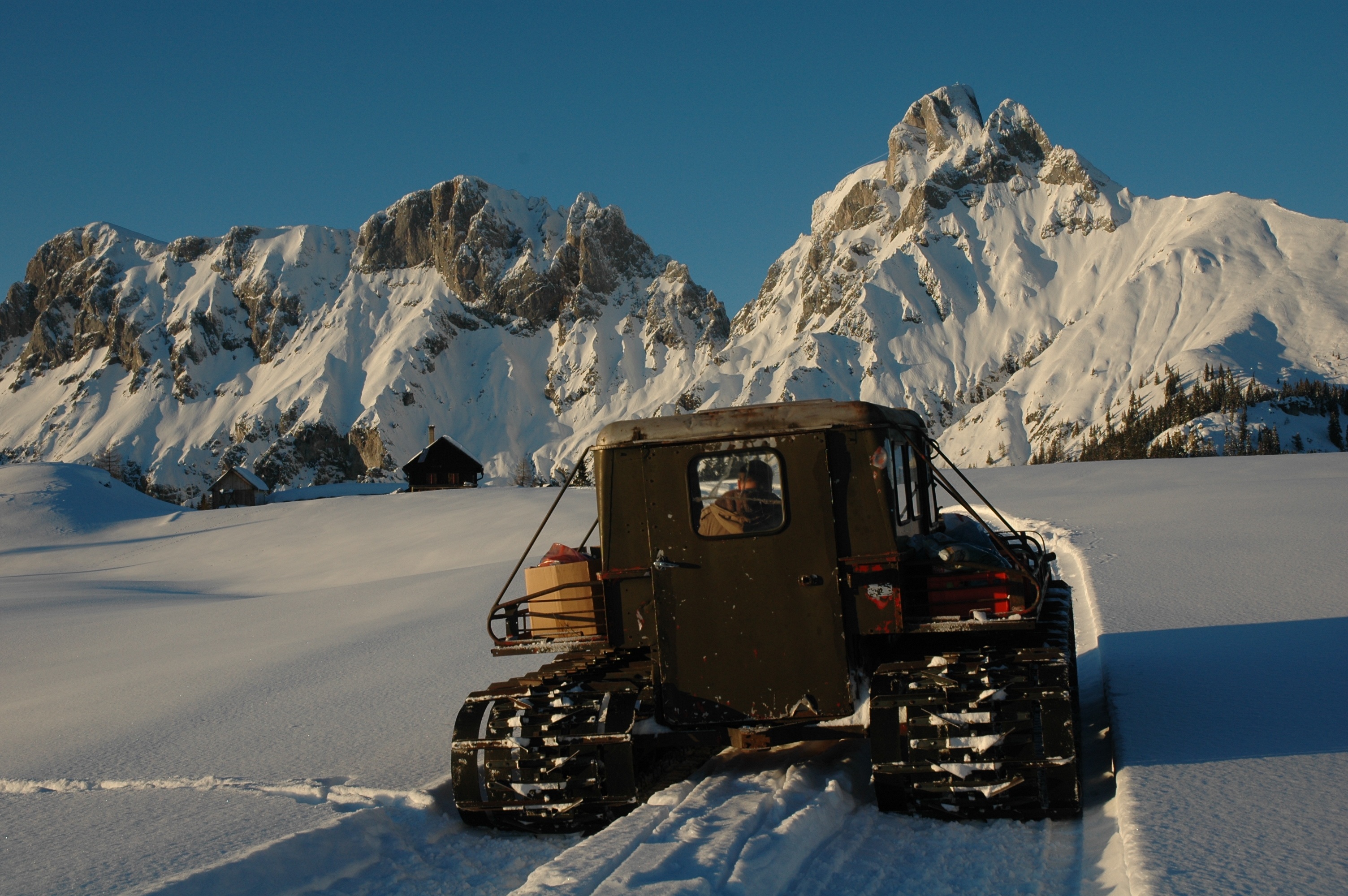 truck, travel, mountain range, mode of transportation, snow vehicle, alpine, snow landscape, day, motion, nature, winter, road, snow, mountains, formation, HD Wallpaper