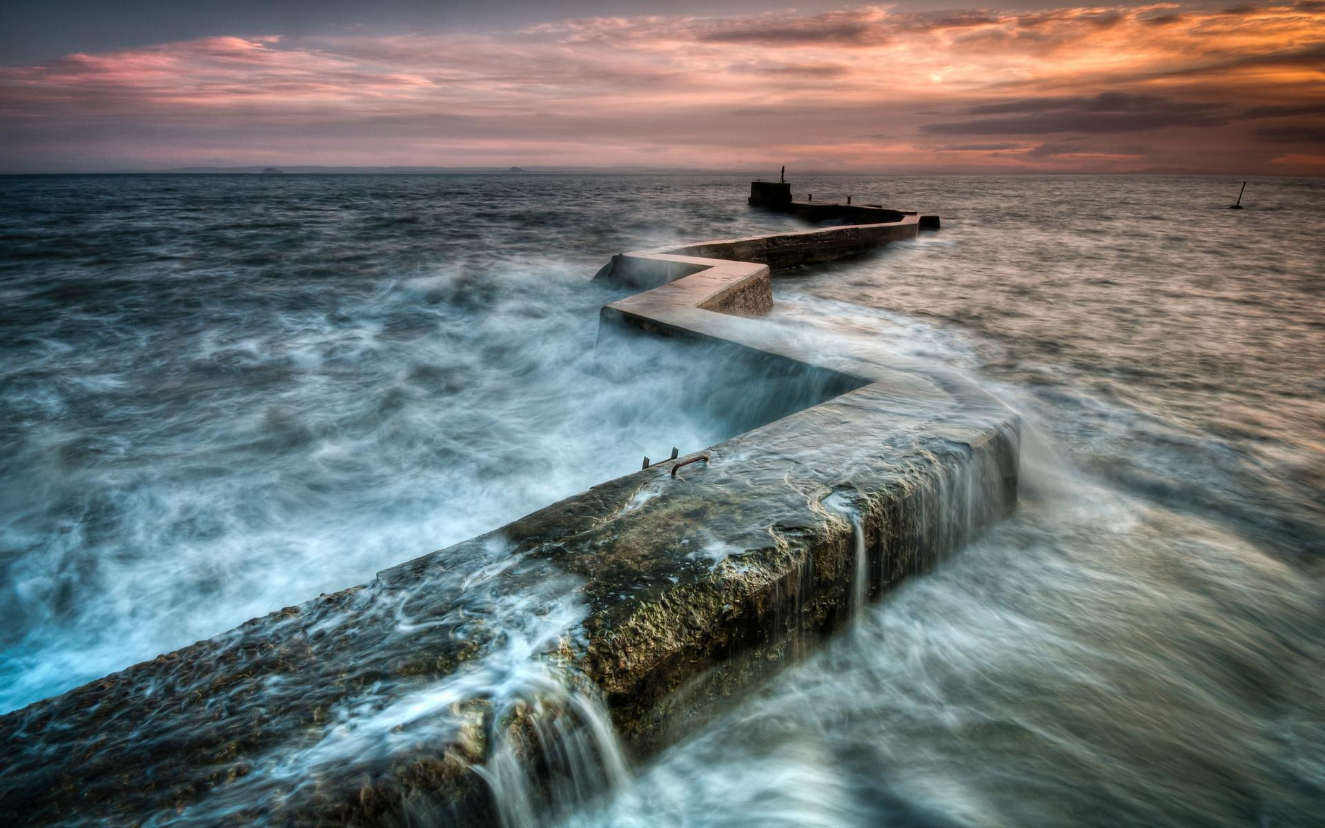 pier, sunset, mist, cement, misty, 1080P, nature and landscapes, sea, zigzag, HD Wallpaper