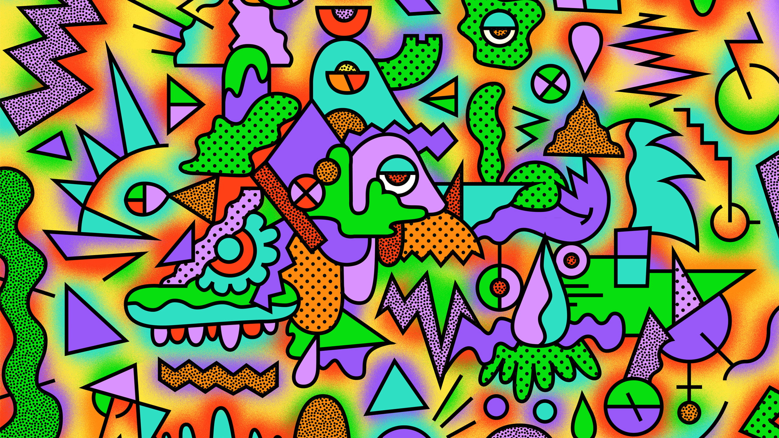 2K, square, color, round, zigzag, large group of objects, backgrounds, no people, pattern, abstraction, human representation, multi colored, creativity, HD Wallpaper