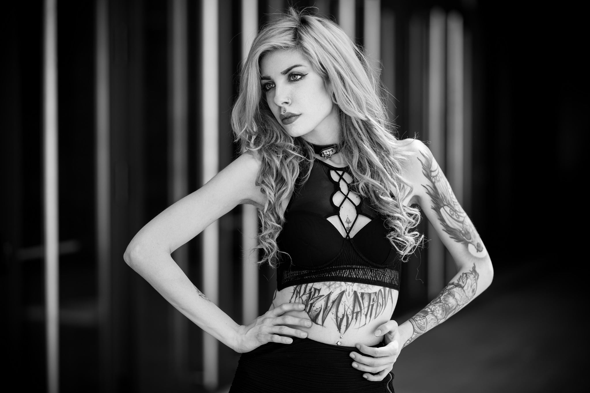 fashion, 1080P, women, hair, one person, beauty, three quarter length, blond hair, young women, tattoo, young adult, beautiful woman, standing, portrait, HD Wallpaper
