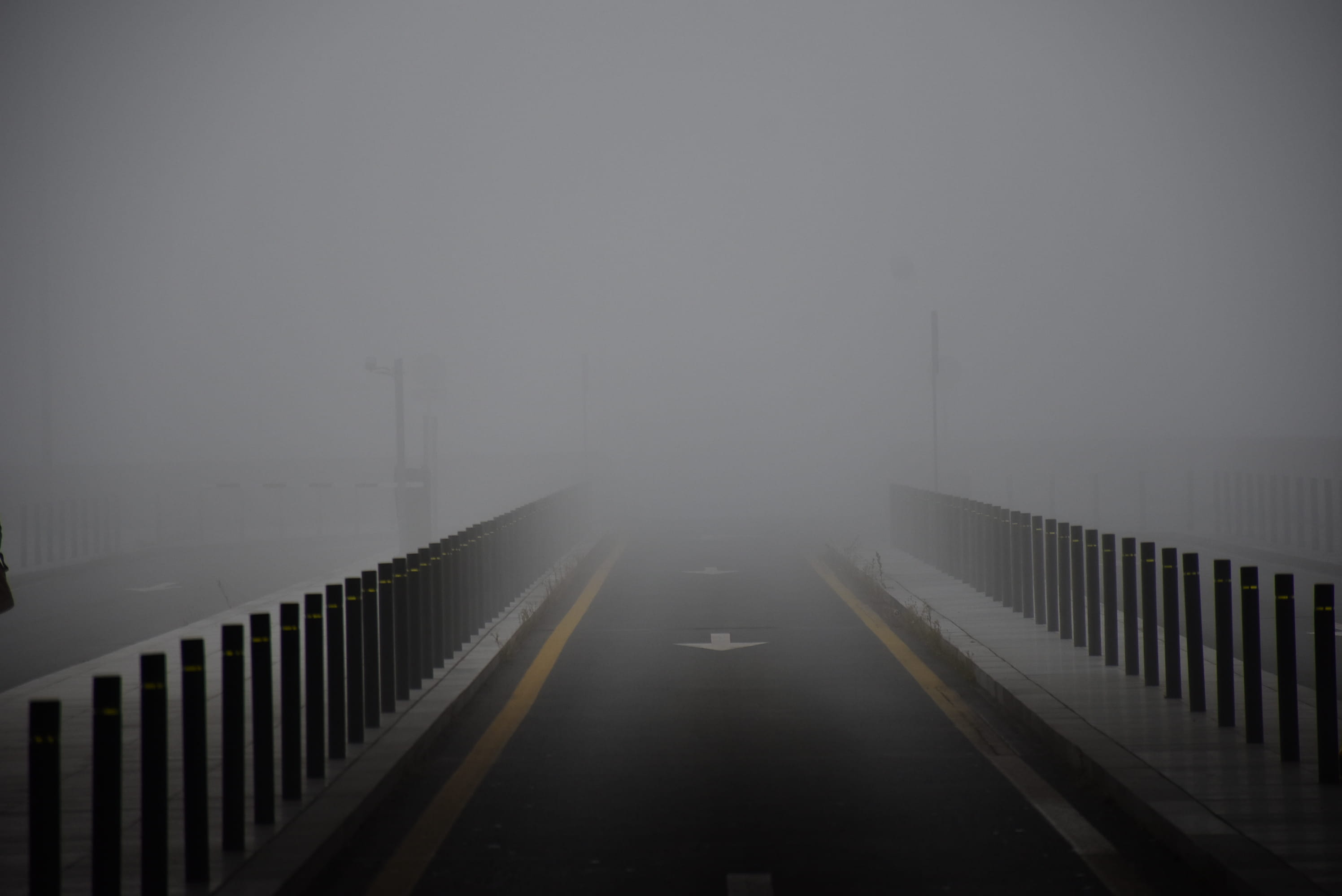 outdoors, illuminated, connection, in a row, empty, niebla, no people, built structure, railing, diminishing perspective, nature, architecture, 2K, copy space, HD Wallpaper