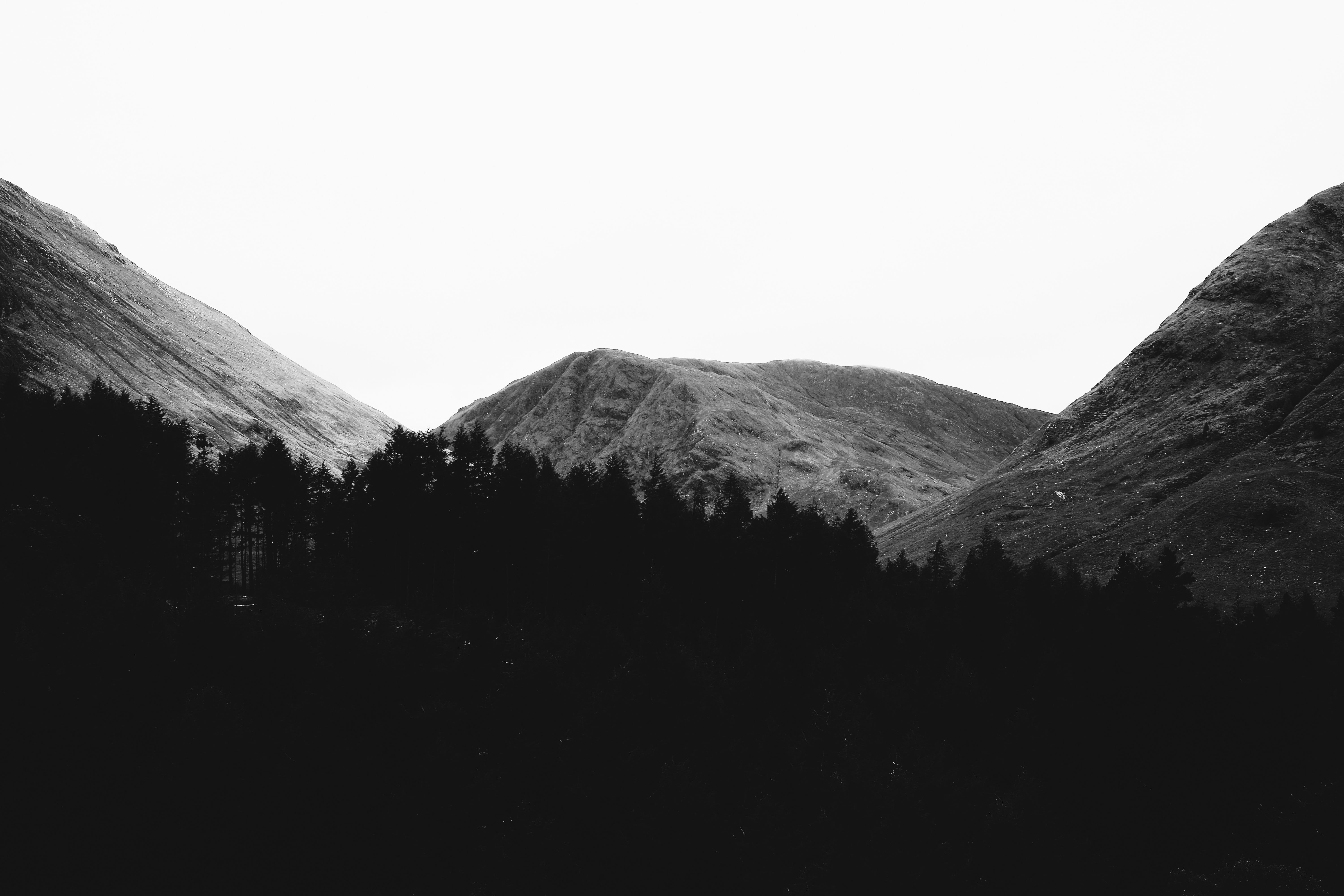 clear sky, copy space, ballachulish, 5K, plant, mountains, scotland, no people, day, coniferous tree, mountain, hills, uk, outdoors, mountain peak, grey, HD Wallpaper