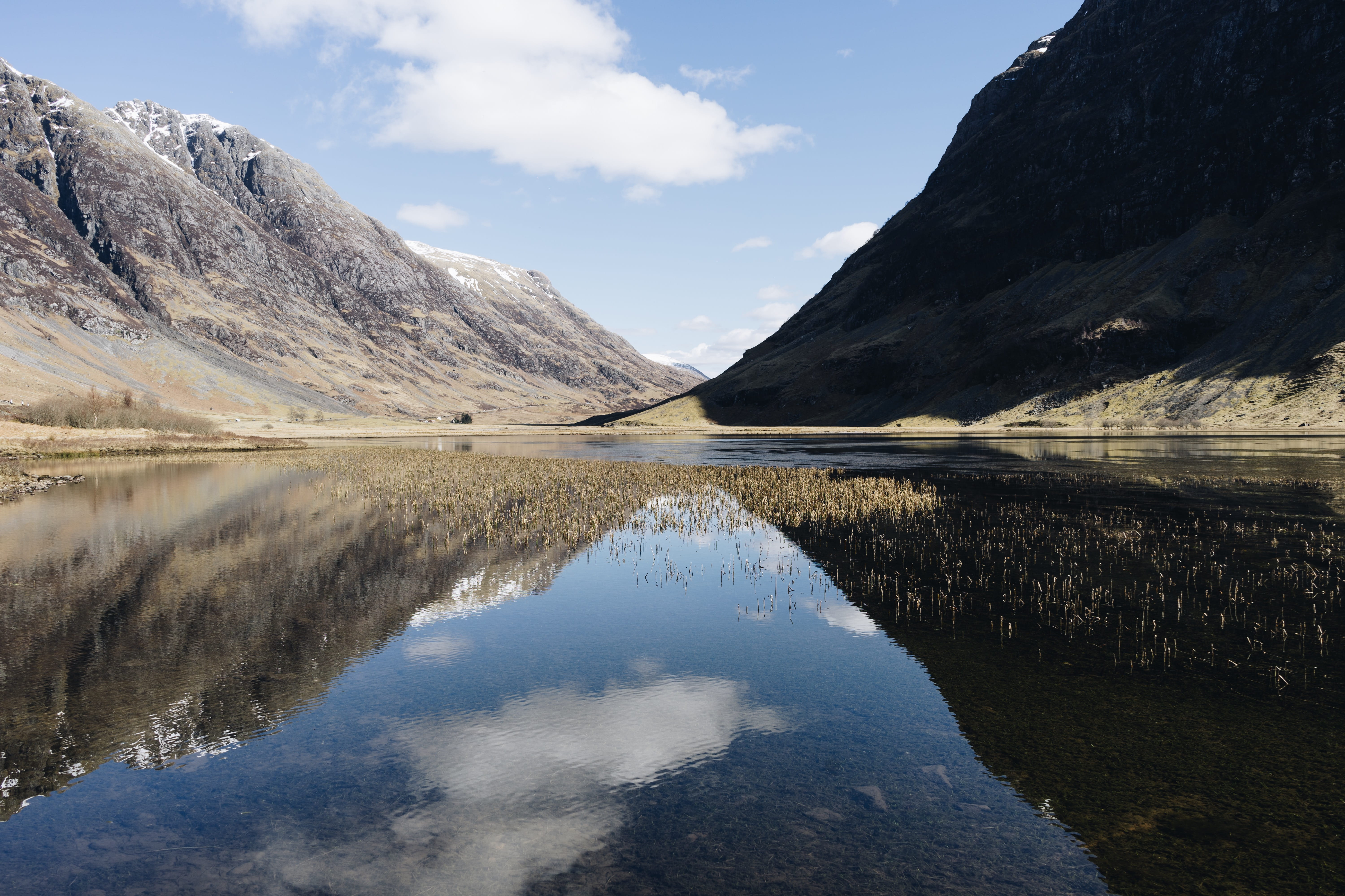 water, idyllic, 5K, scotland, waterfront, reflection, plateau, cloud - sky, day, surrounded, beauty in nature, peak, no people, river, basin, loch, lake, HD Wallpaper
