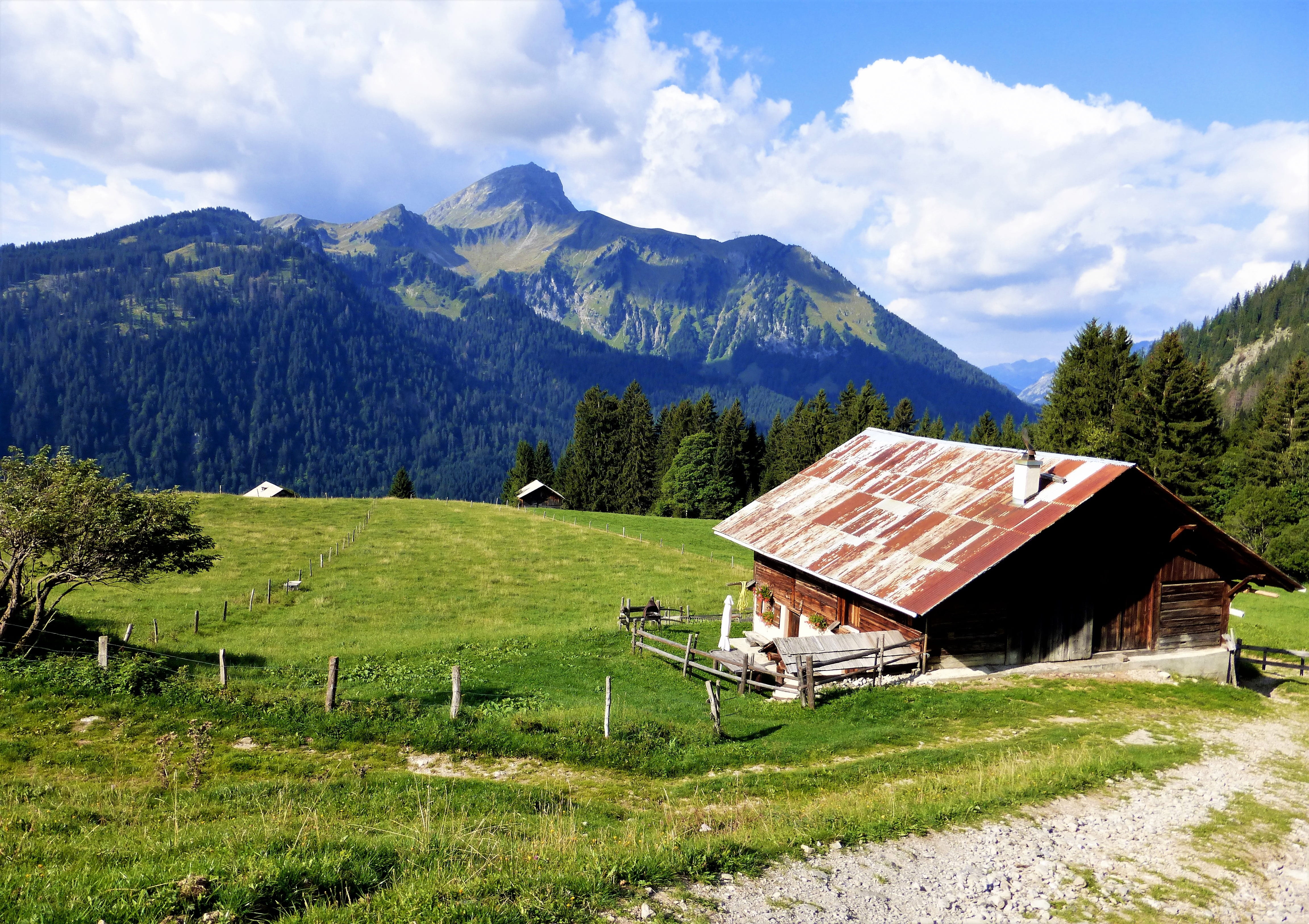 green color, landscape, tree, plant, scenics - nature, no people, architecture, cottage, mountain, alps, france, mountain range, land, refuge, built structure, HD Wallpaper
