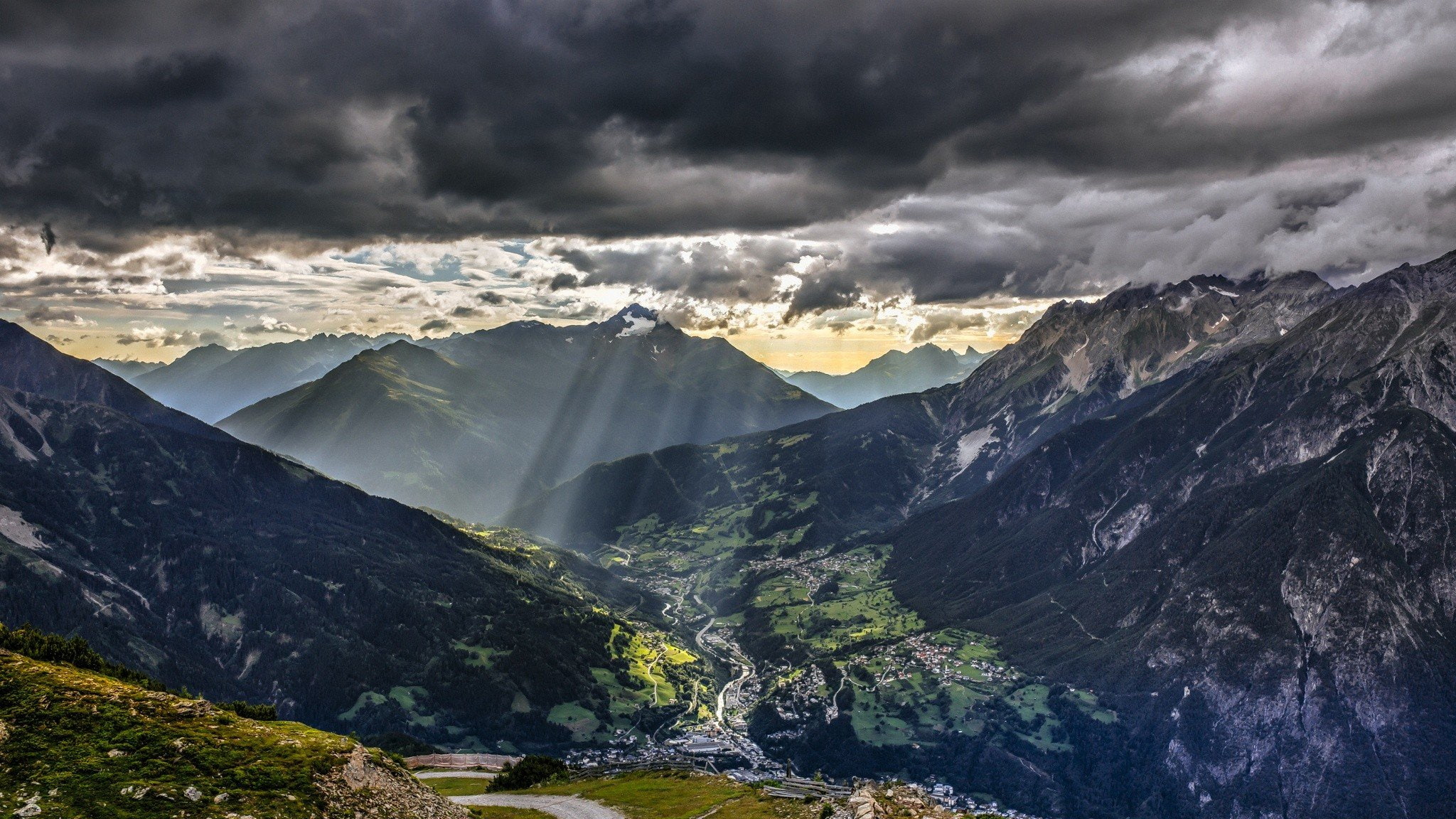 nature, Blue Flowers, Sun Rays, Dark, Auvergne, mountains, sun, Green, landscape, red, clouds, sunset, storm, Europe, road, city, 1080P, sky, Rhone, Lighter, HD Wallpaper