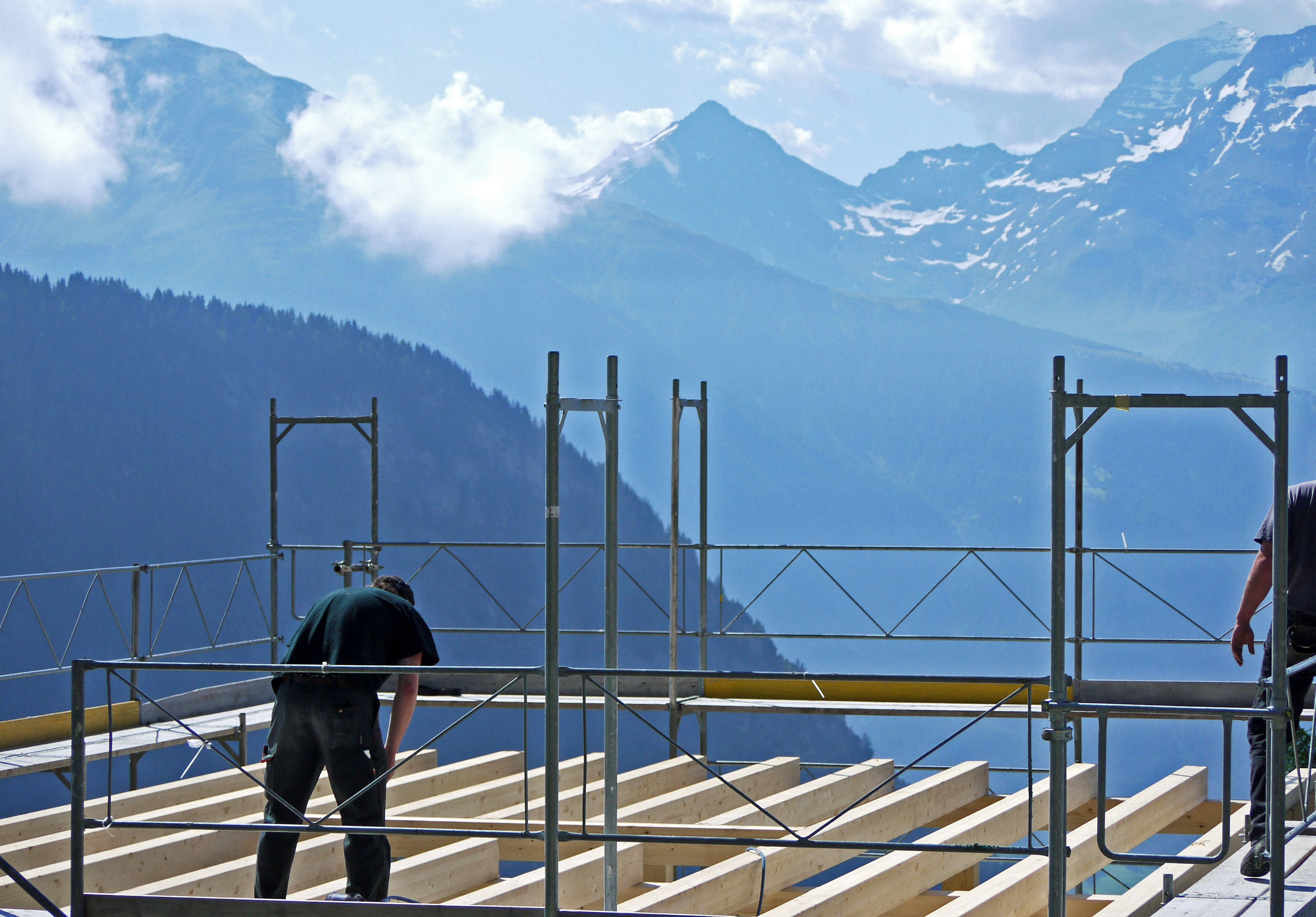 transportation, beauty in nature, alpine, railing, floor joists, mountain range, cloud - sky, rhone valley, altitude, day, adult, high alps, 2K, building construction, HD Wallpaper