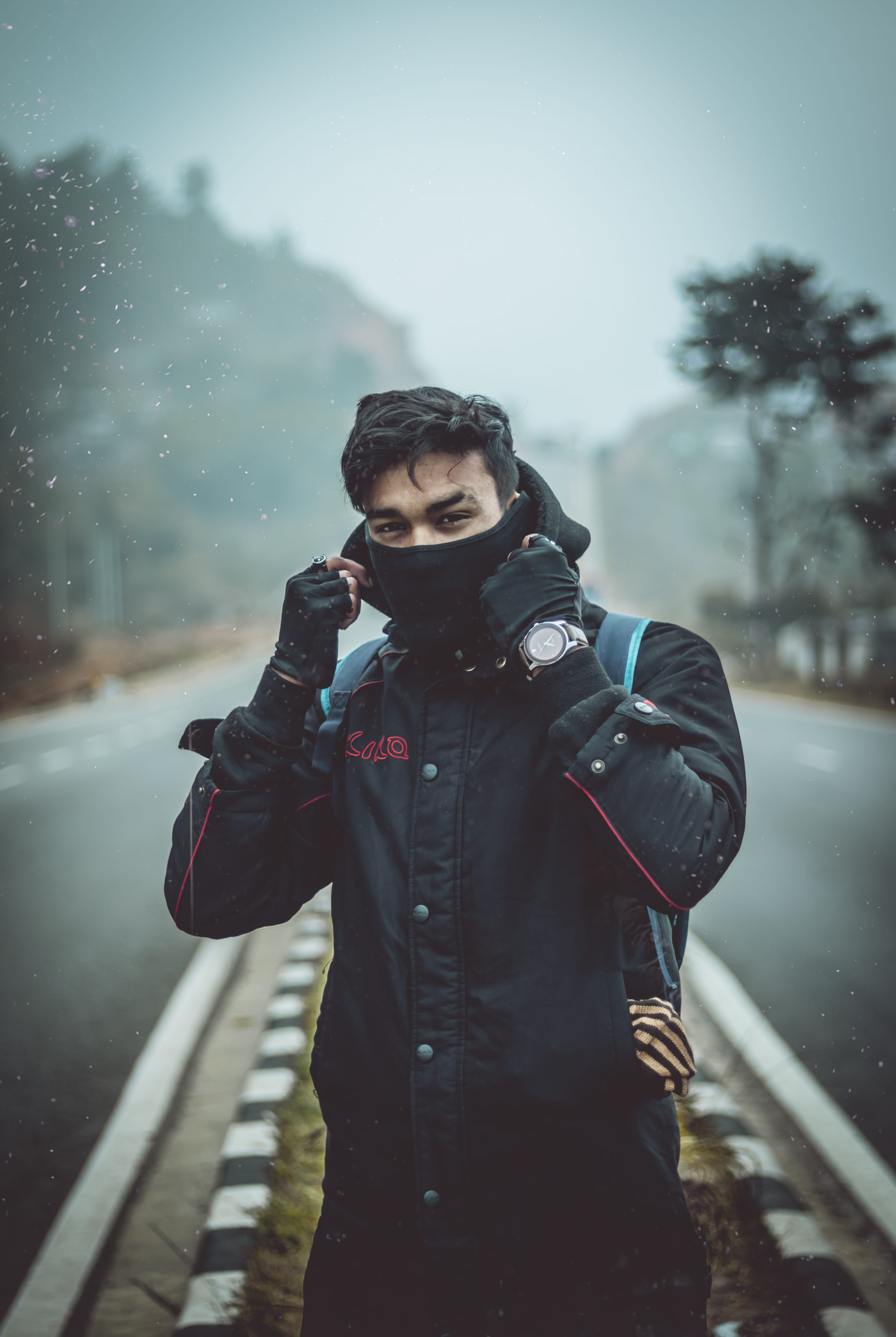 three quarter length, black, mask, outdoors, man, overcoat, young men, outdoor, leisure activity, waist up, cold, india, one person, highway, road, person, Phone HD Wallpaper