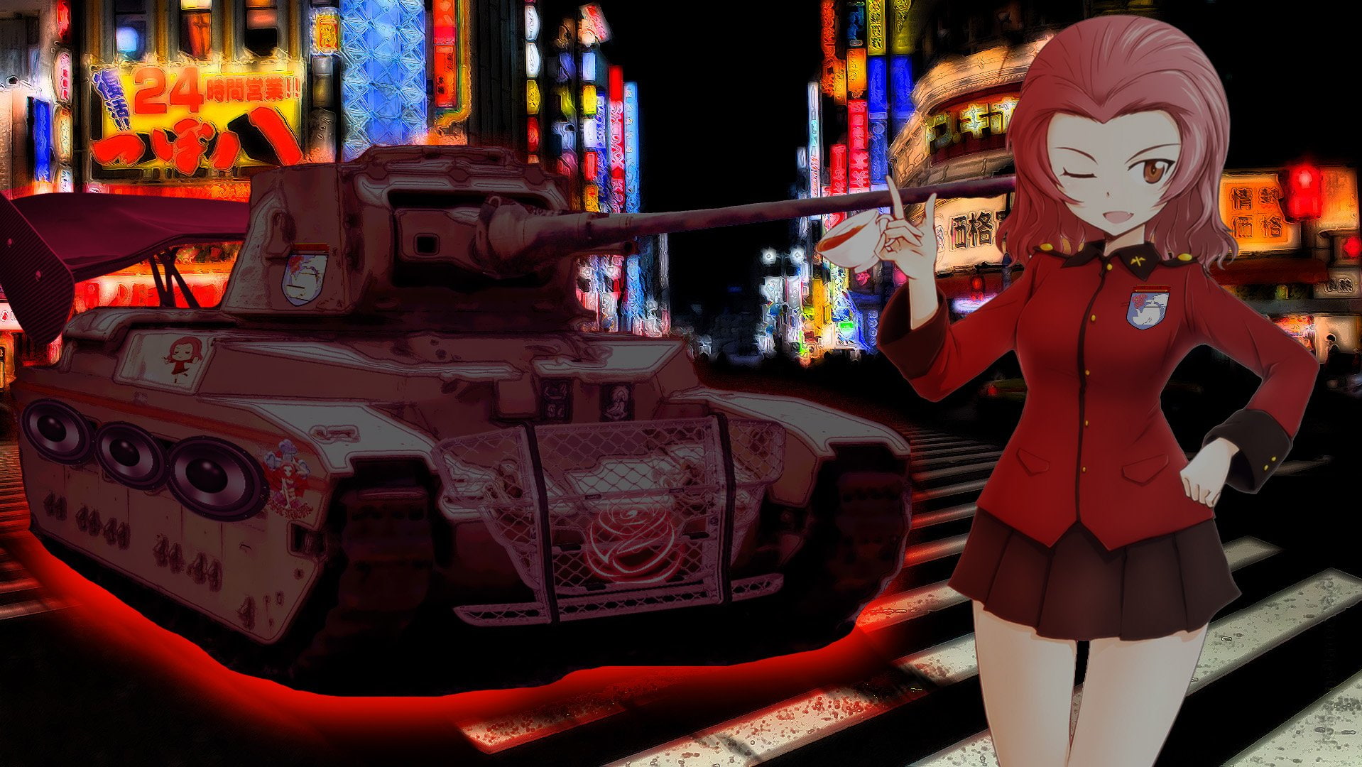 Crusader Mk.III, red, robot, focus on foreground, multi colored, amusement park, creativity, Rosehip (Girls Und Panzer), three quarter length, indoors, HD Wallpaper