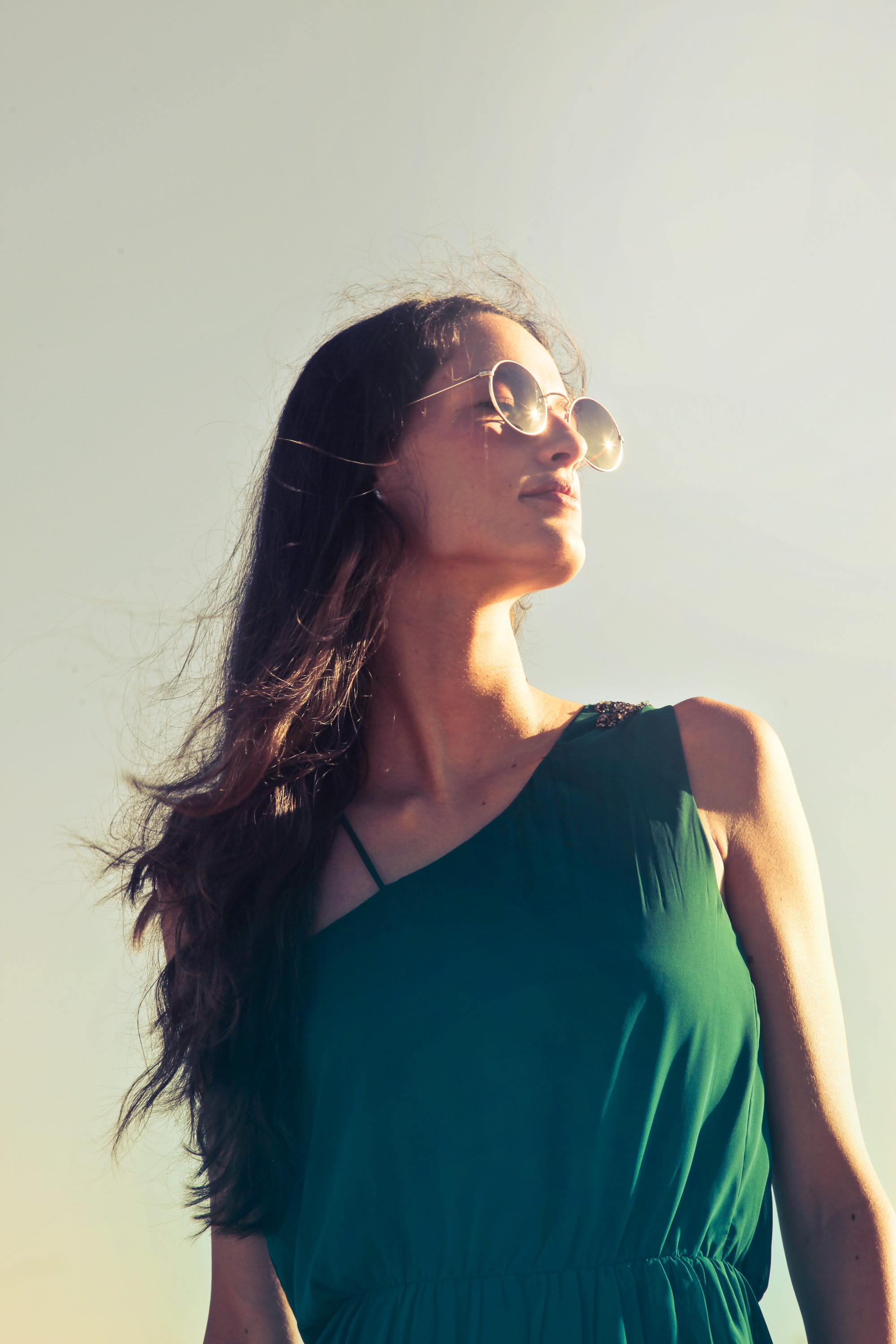 green, Sky, long hair, Lady, Face, Hand, arms, Glasses, Sun, side view, woman, leisure activity, women, female, young adult, standing, Portrait, pose, towards, Phone HD Wallpaper