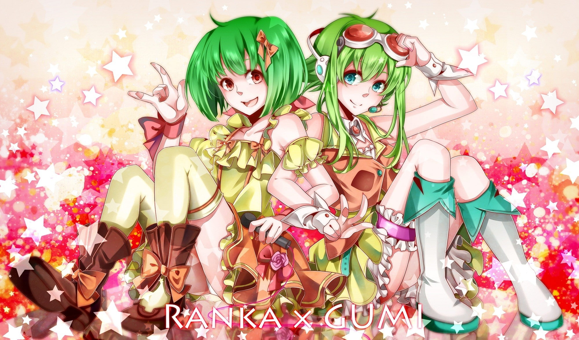 art, stars, highs, headphones, ribbons, hd, anime, thigh, gree, 1080P, red, frontier, blue, boots, goggles, eyes, macross, vocaloid, HD Wallpaper