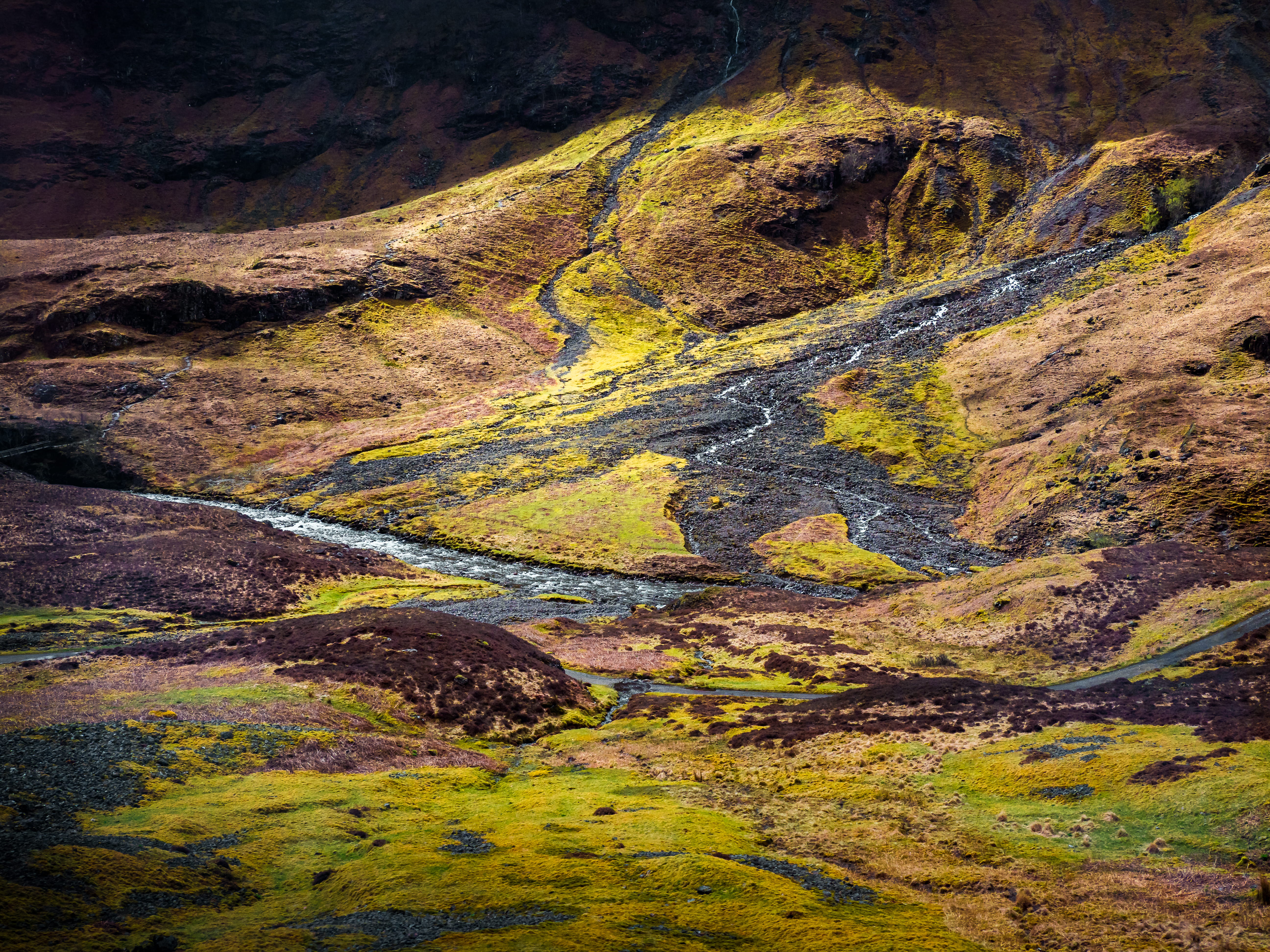 volcanic, route, outdoors, green color, remote, lava, 5K, rock - object, black, glencoe, orange, scenics - nature, non-urban scene, water, idyllic, landscape, HD Wallpaper