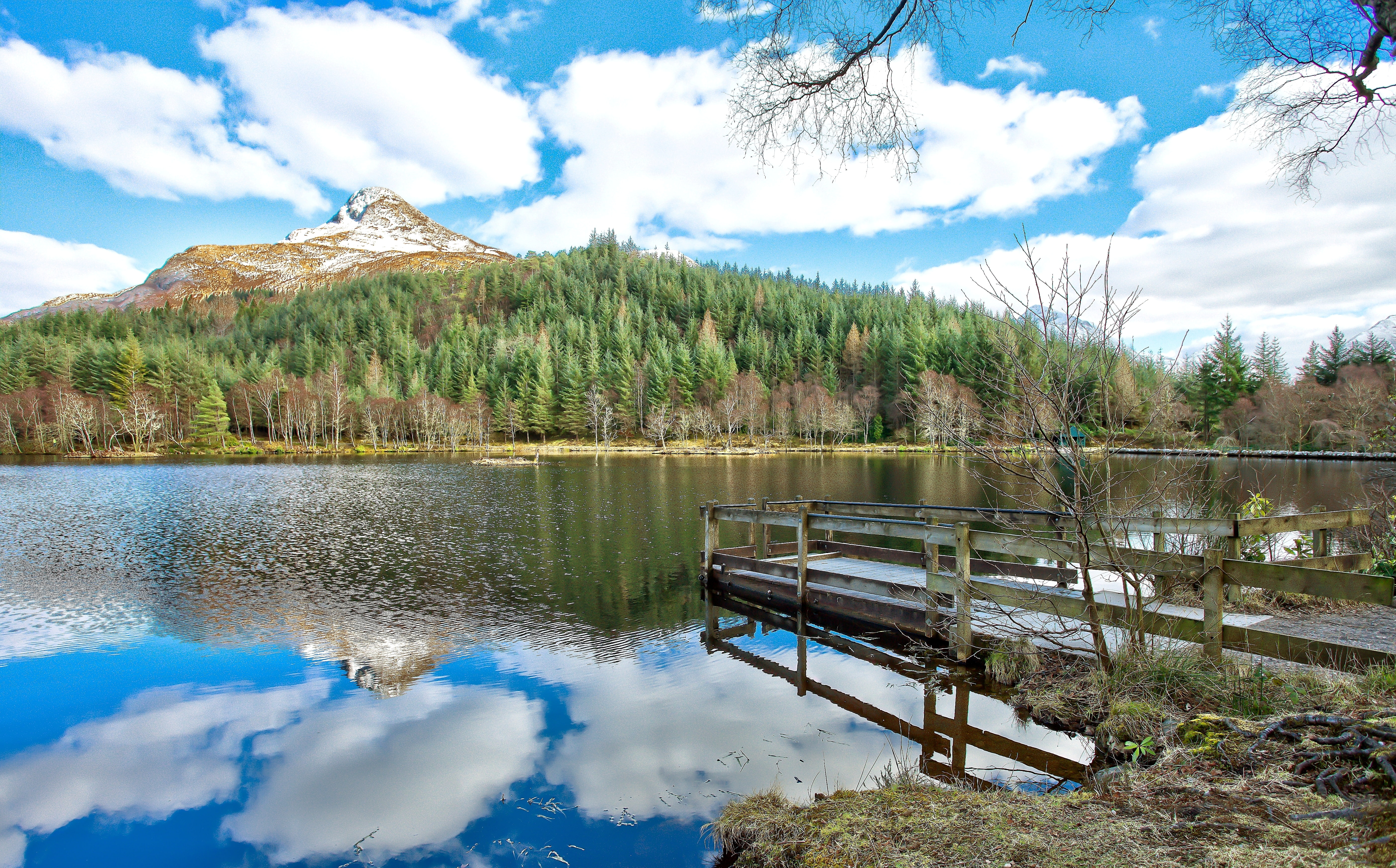 the sky, reflection, the bridge, 5K, mountain, tree, leafed, green, Scotland, river, clouds, trees, the valley of Glencoe, forest, shore, HD Wallpaper
