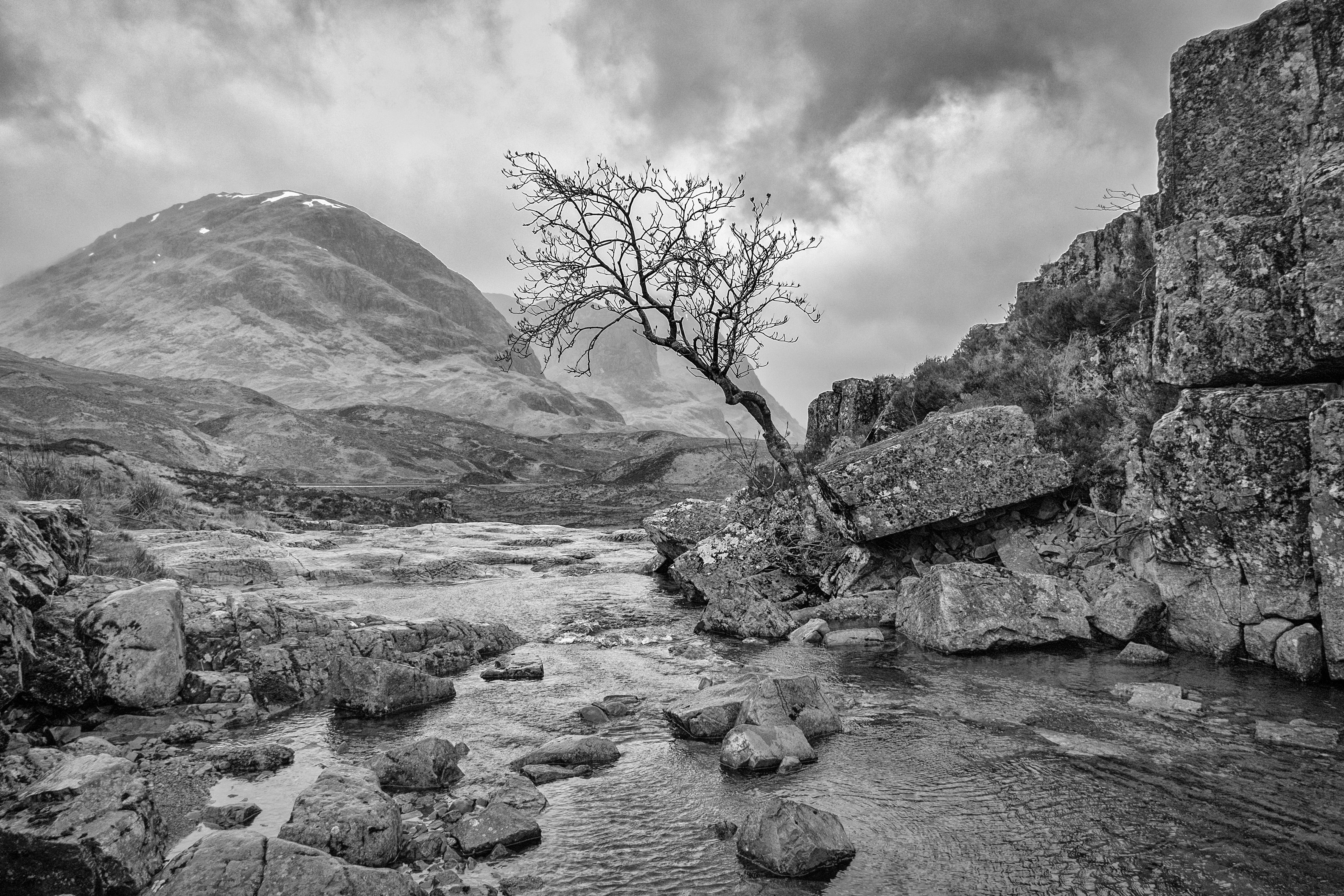 rock formation, rock - Object, photography, formation, Portobello, black And White, tree, mountain, grayscale, near, river, outdoors, 4K, jpg, nature, HD Wallpaper