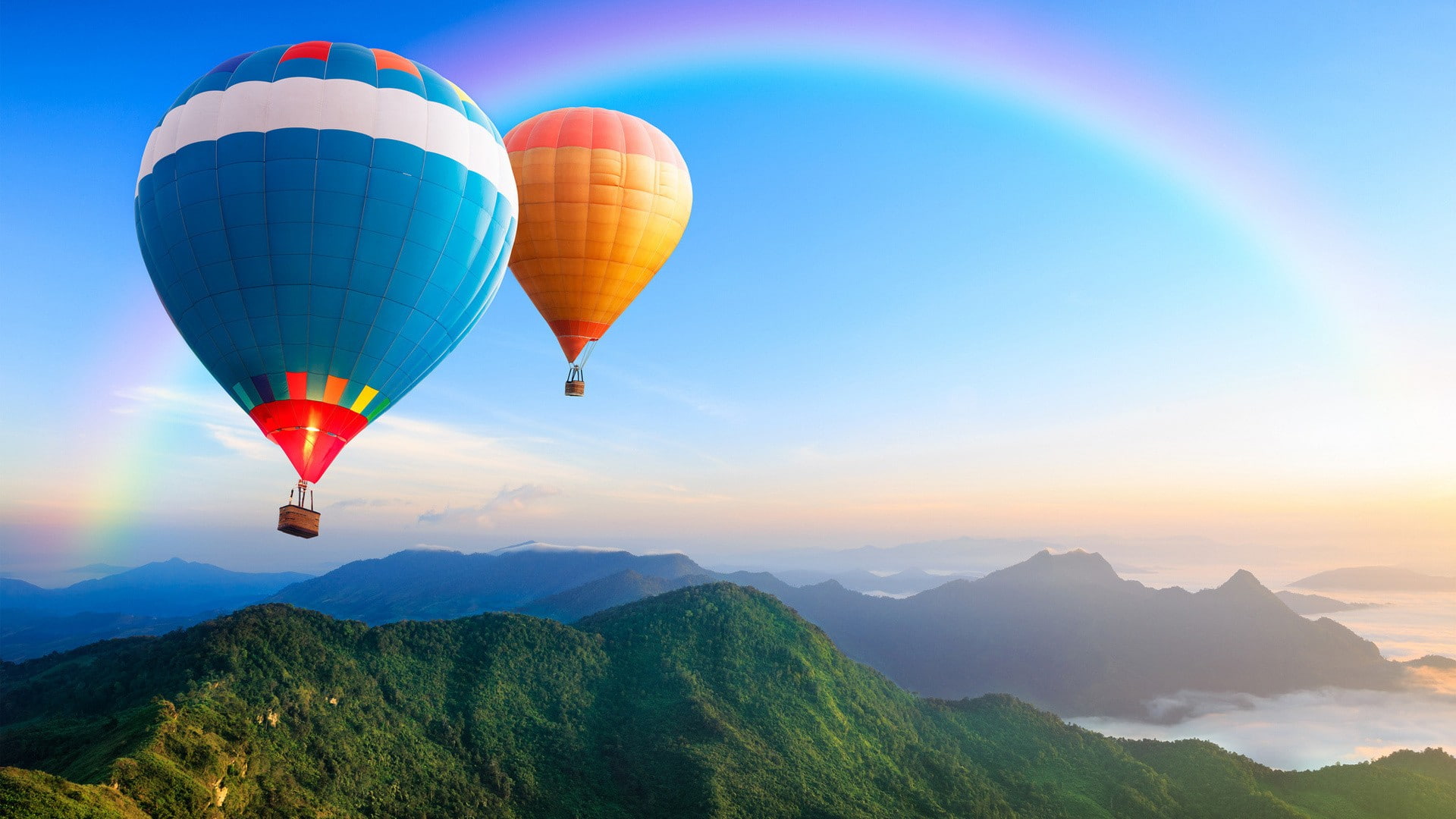 1080P, sky, rainbows, nature, landscape, mountains, hot air balloons, HD Wallpaper