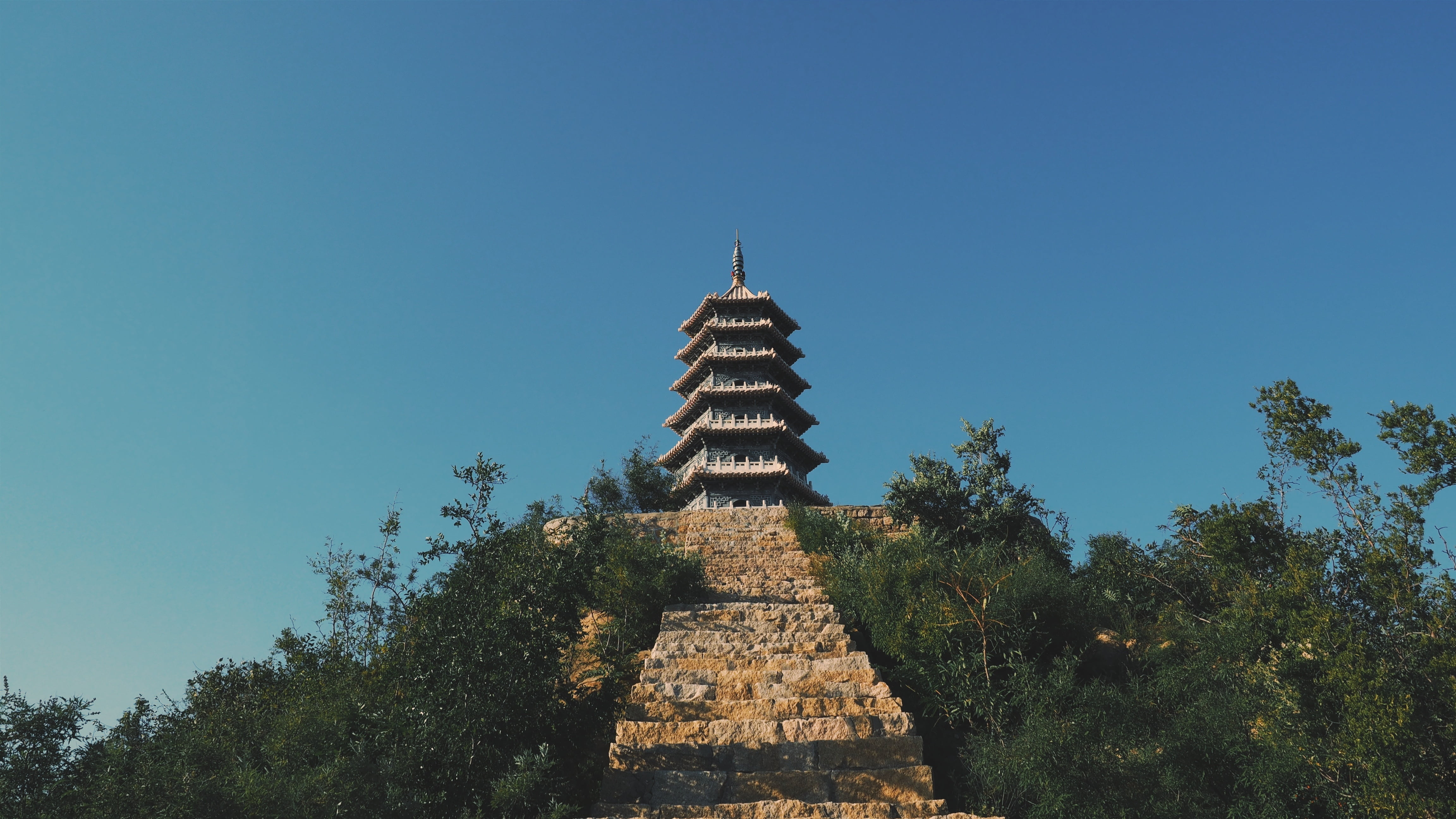 religion, low angle view, buddhism, tower, tree, outdoors, place of worship, history, structure, spirituality, blue, temple, ancient, cultures, old, built Structure, HD Wallpaper