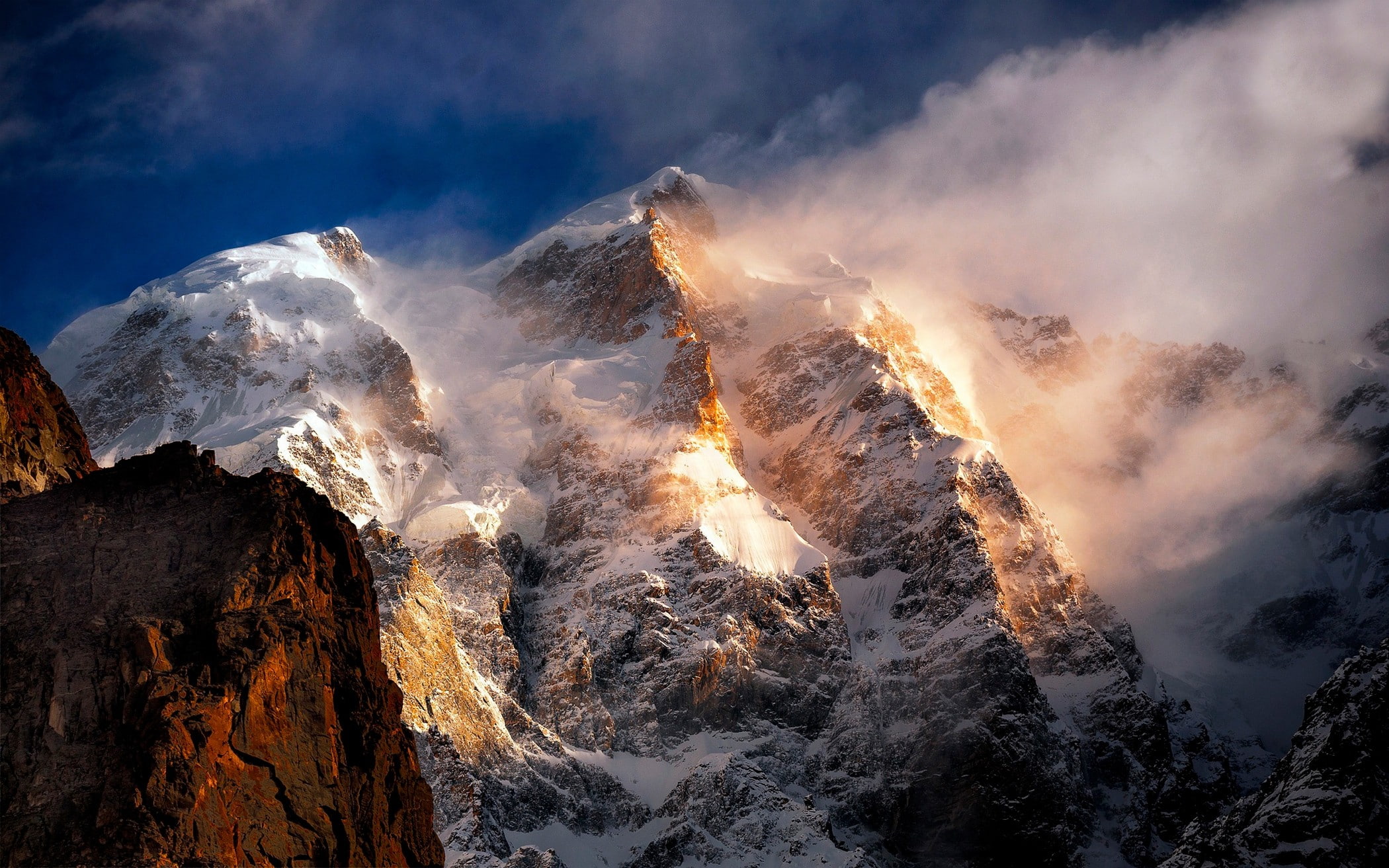 clouds, mountains, wind, snowy peak, nature, sunlight, summit, landscape, 1080P, HD Wallpaper