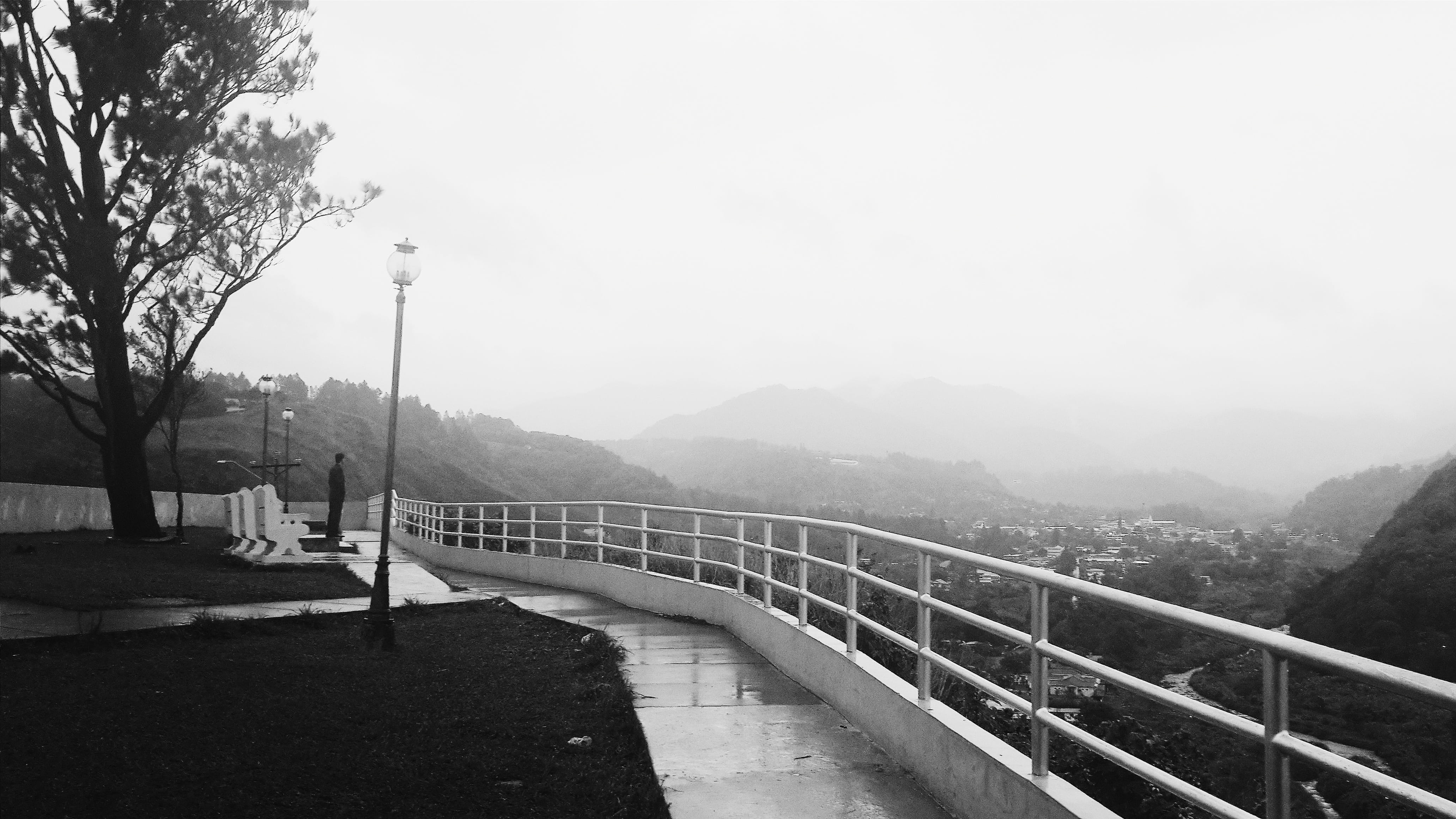 4K, connection, fence, man, railings, covered, road, black and white, nature, white, building, day, bulb, outdoors, bridge - man made structure, pole, HD Wallpaper