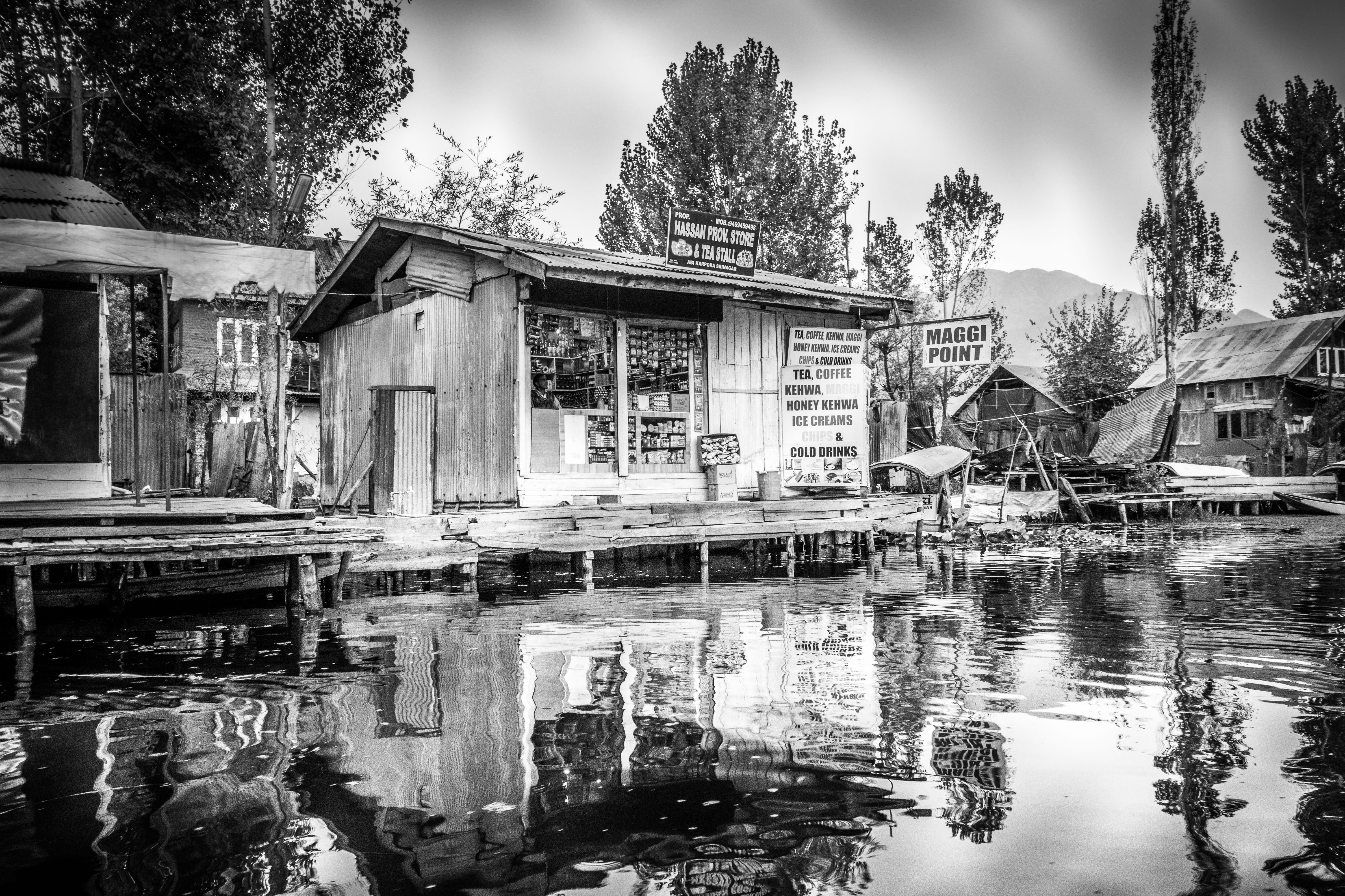 5K, house, residential district, built structure, nature, tree, plant, boat on water, nautical vessel, lights in the sky, travel photography, black and white landscape, HD Wallpaper