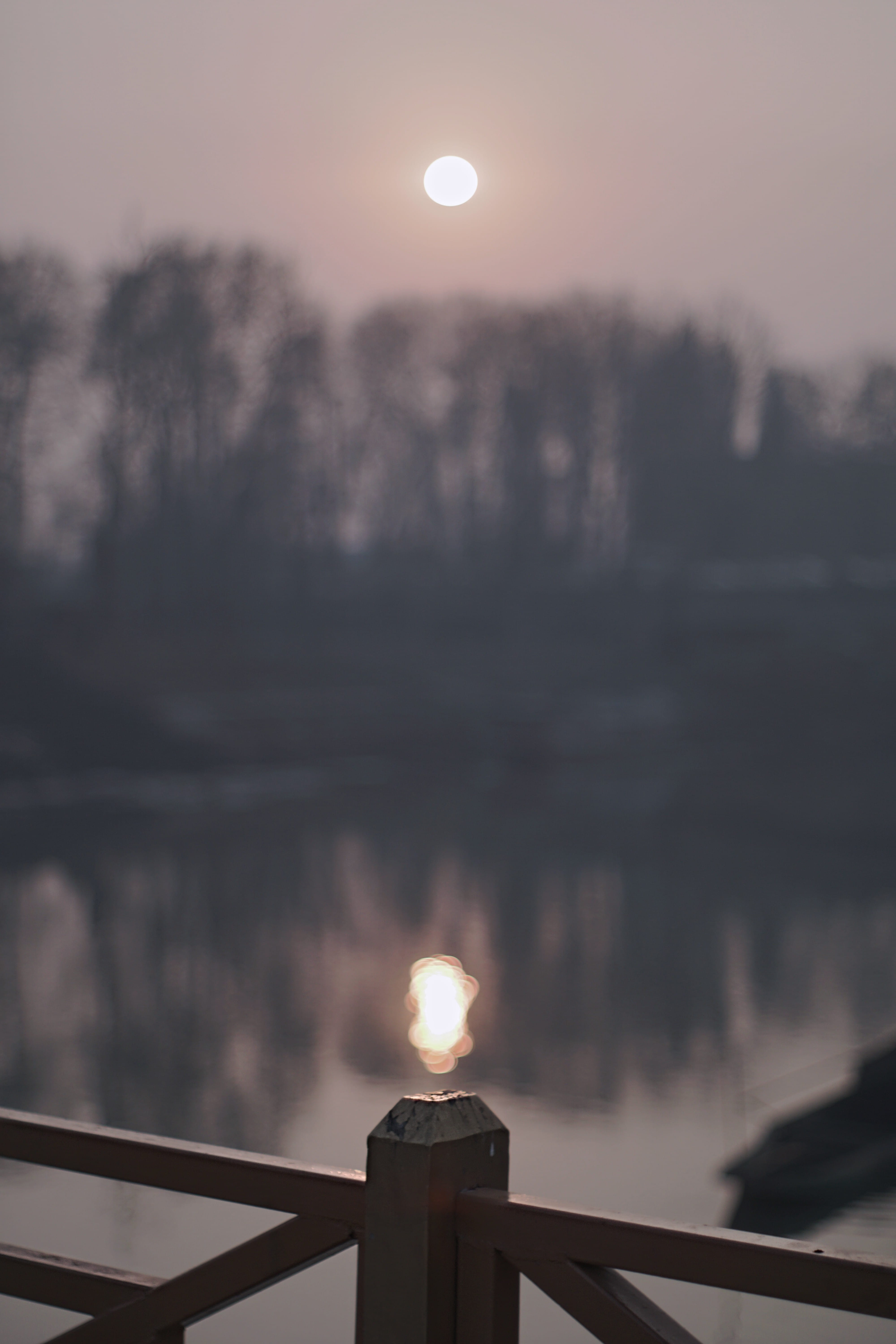 moon, railing, circle, artistic, full moon, moonlight, goldenhour, gold, sky, reflection, sun, lake, kashmir, water, outdoors, bokeh, flare, no people, Phone HD Wallpaper