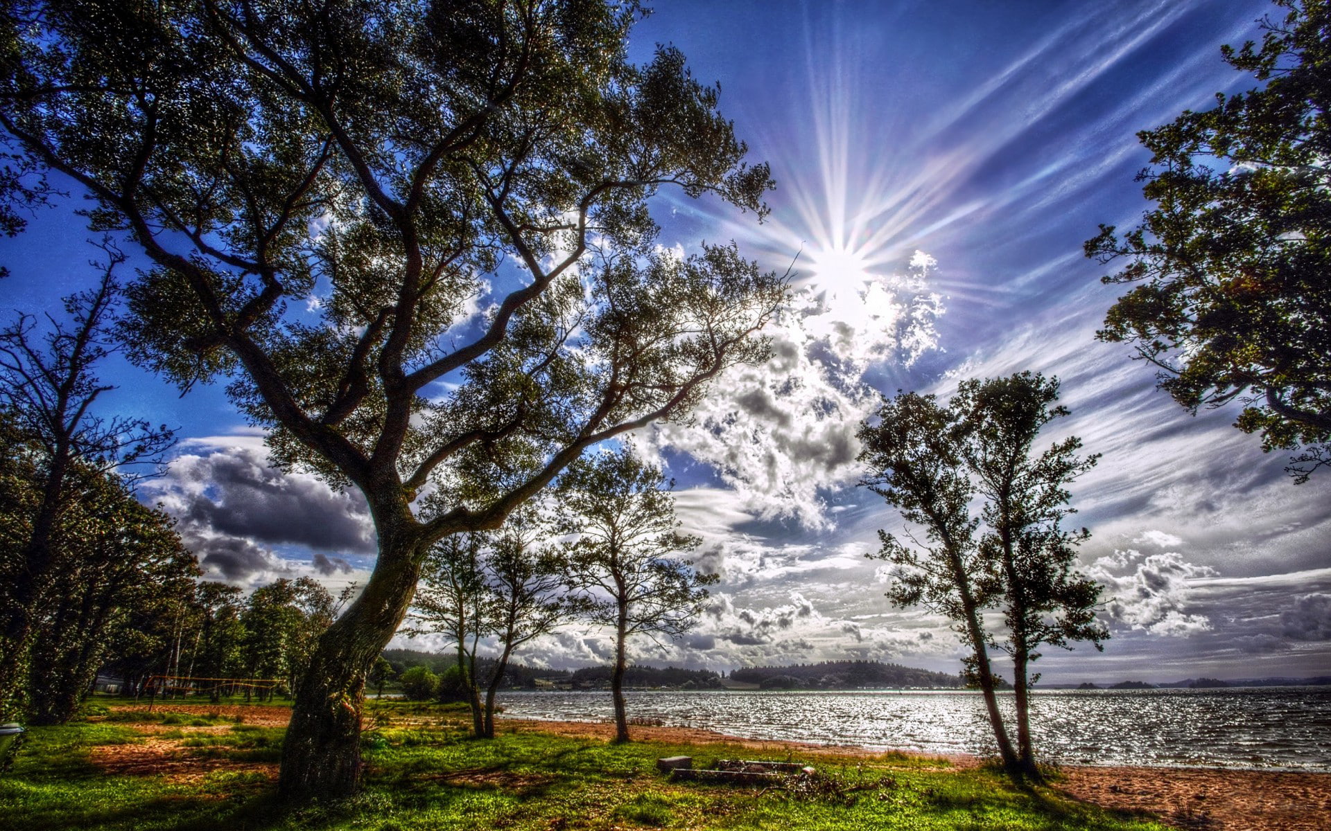 The SKY, CLOUDS, HORIZON, GRASS, HILLS, POND, SHORE, TREES, LAKE, LIGHT, 1080P, The SUN, DAL, RAYS, FOREST, HD Wallpaper