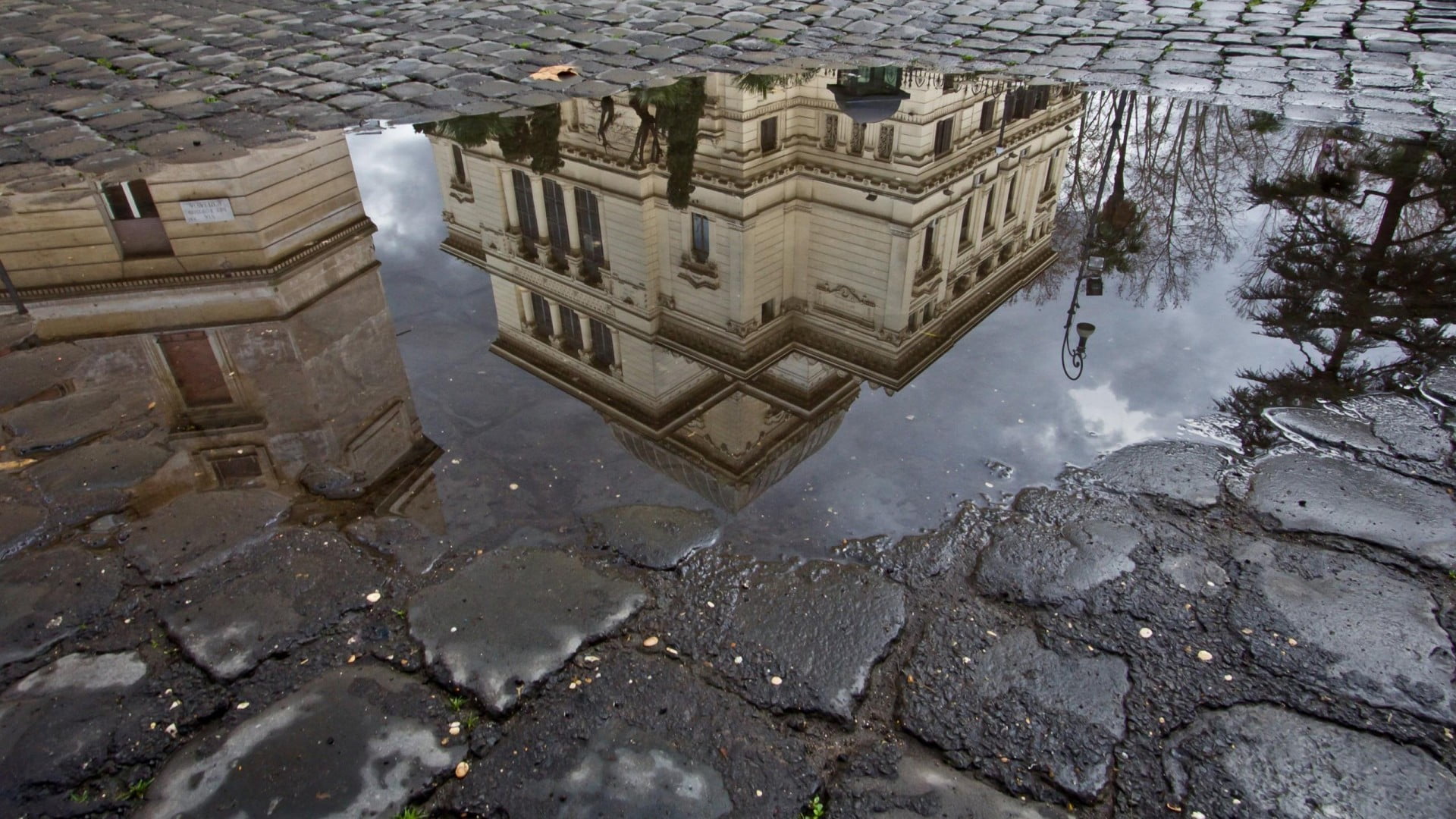 stones, no people, wet, reflection, outdoors, street, standing water, trees, building, brown, clouds, building exterior, water, built structure, nature, HD Wallpaper