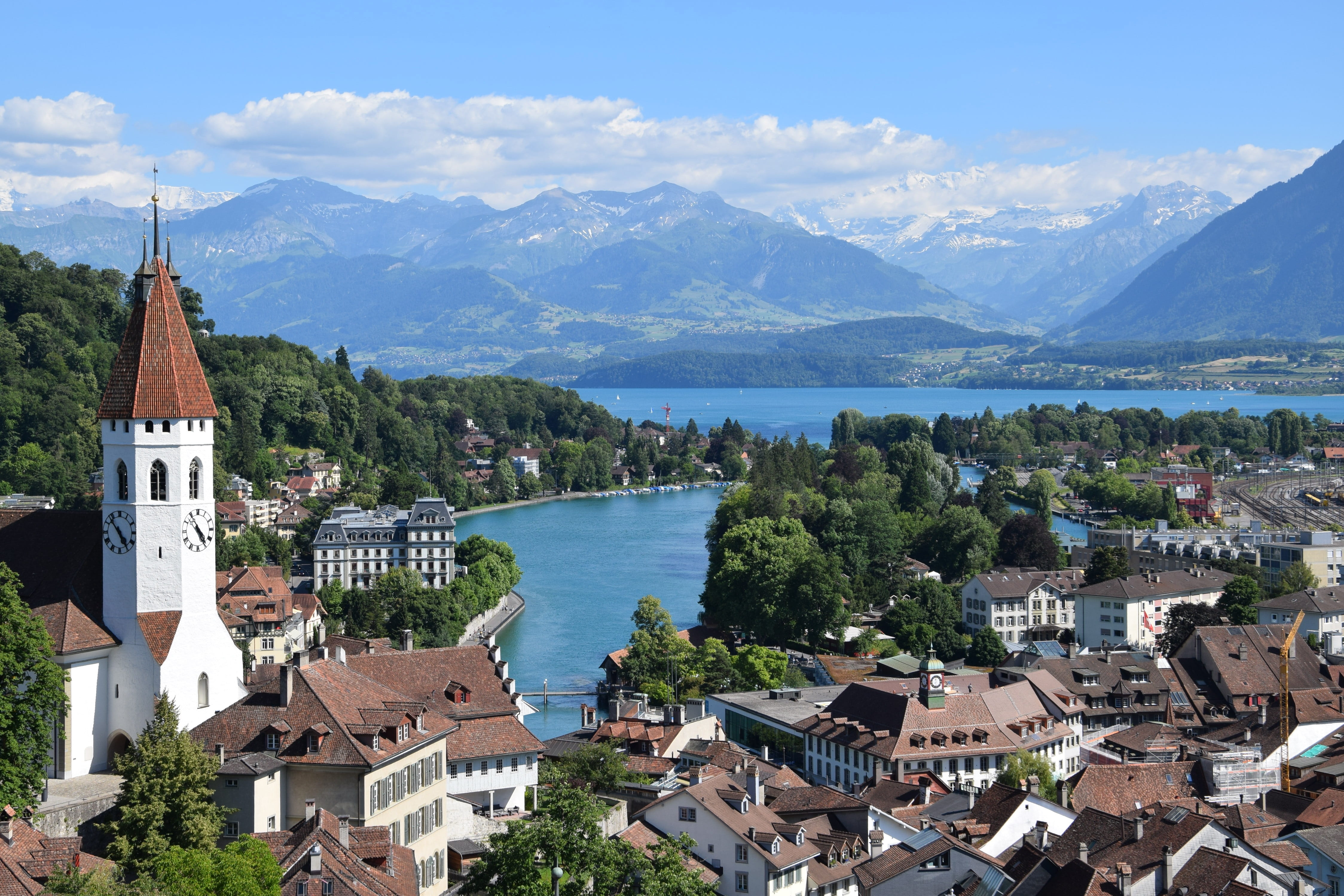 lake, city, building, no people, architecture, mountains, thun, water, spire, place of worship, mountain range, alps, landscape, mountain, town, switzerland, HD Wallpaper