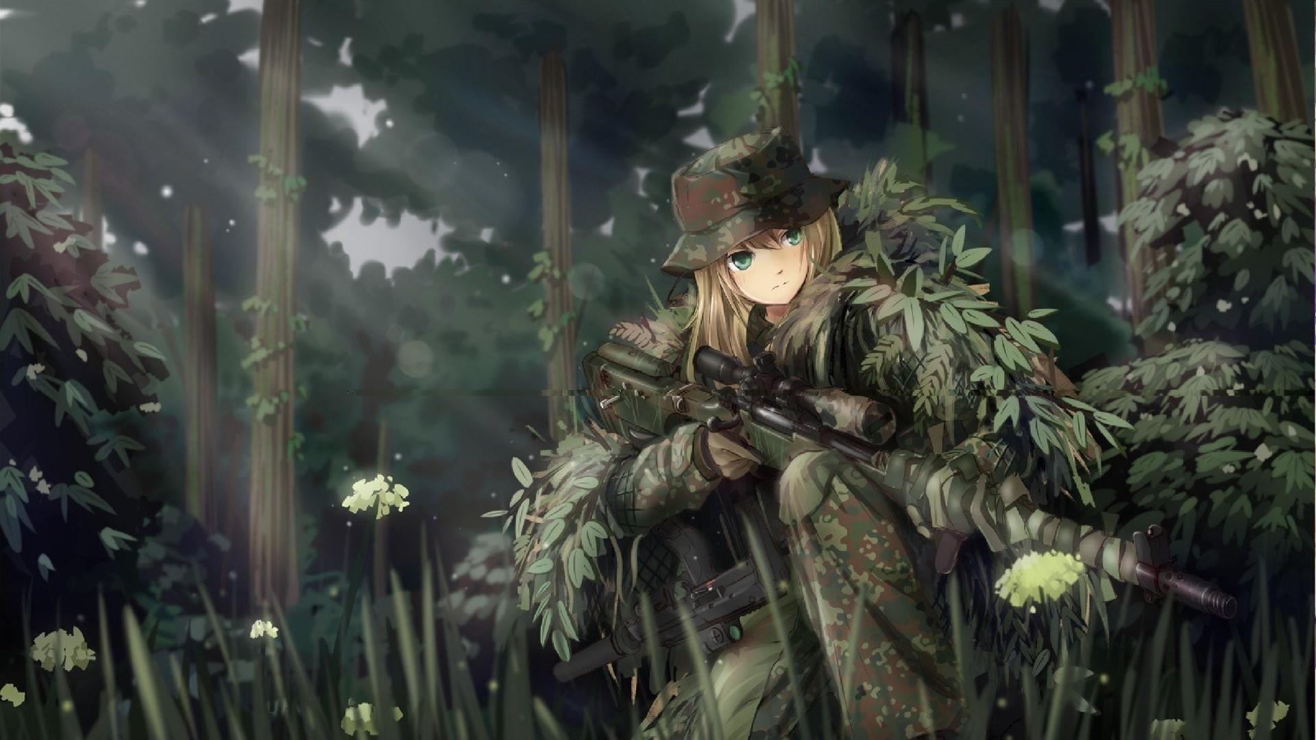 camo, leaf, girl, grass, no people, nature, growth, anime, portrait, 1080P, front view, focus on foreground, tree, trees, military, plant, glass - material, HD Wallpaper