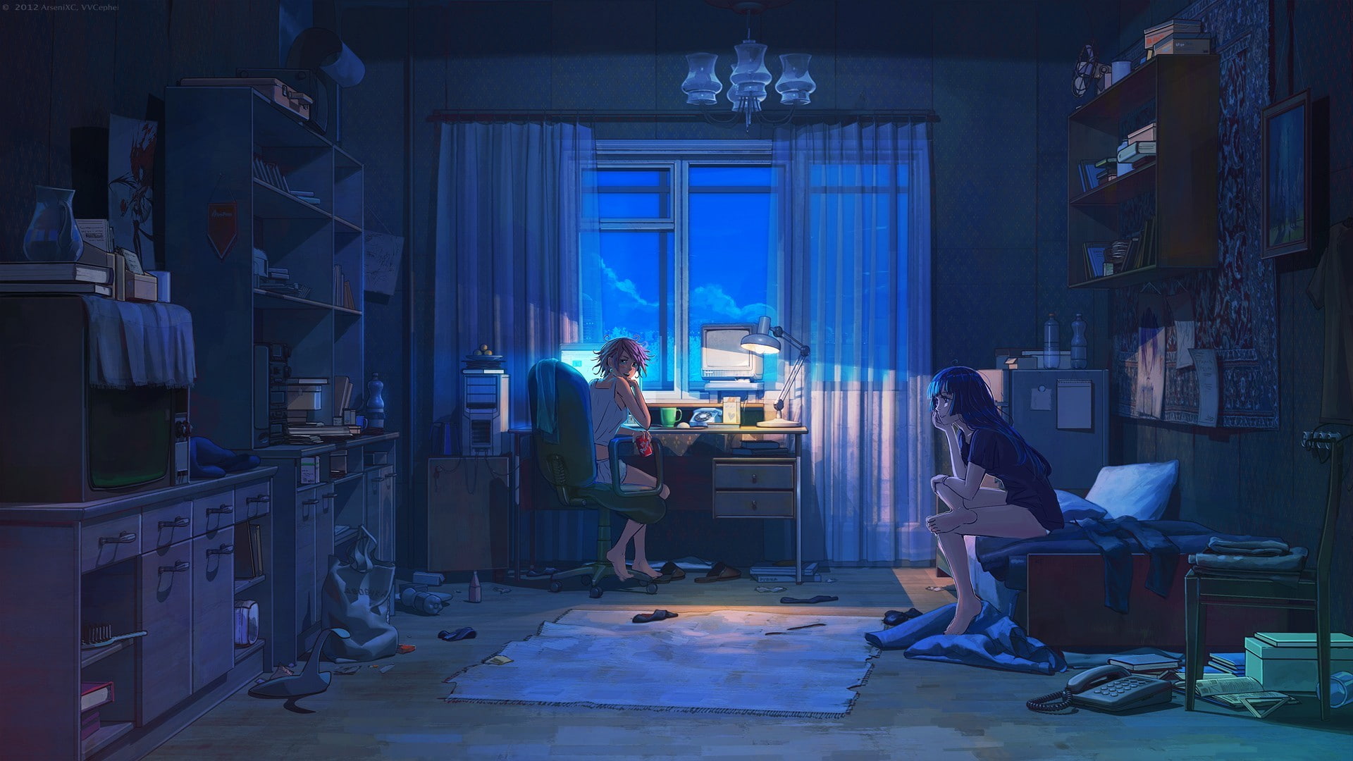 looking at viewer, artwork, 1080P, interior, sitting, room, night, lamp, anime girls, anime, HD Wallpaper