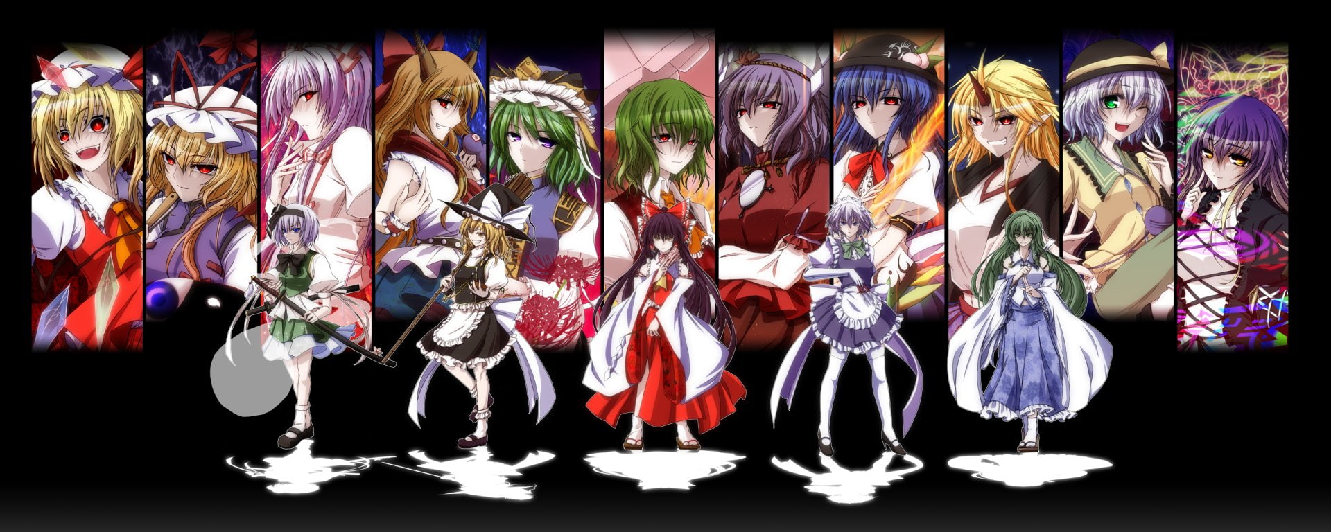 Yuuka Kazami, representation, Reimu Hakurei, Yukari Yakumo, Koishi Komeiji, Eiki Shiki, art and craft, dancing, group of people, Flandre Scarlet, people, HD Wallpaper