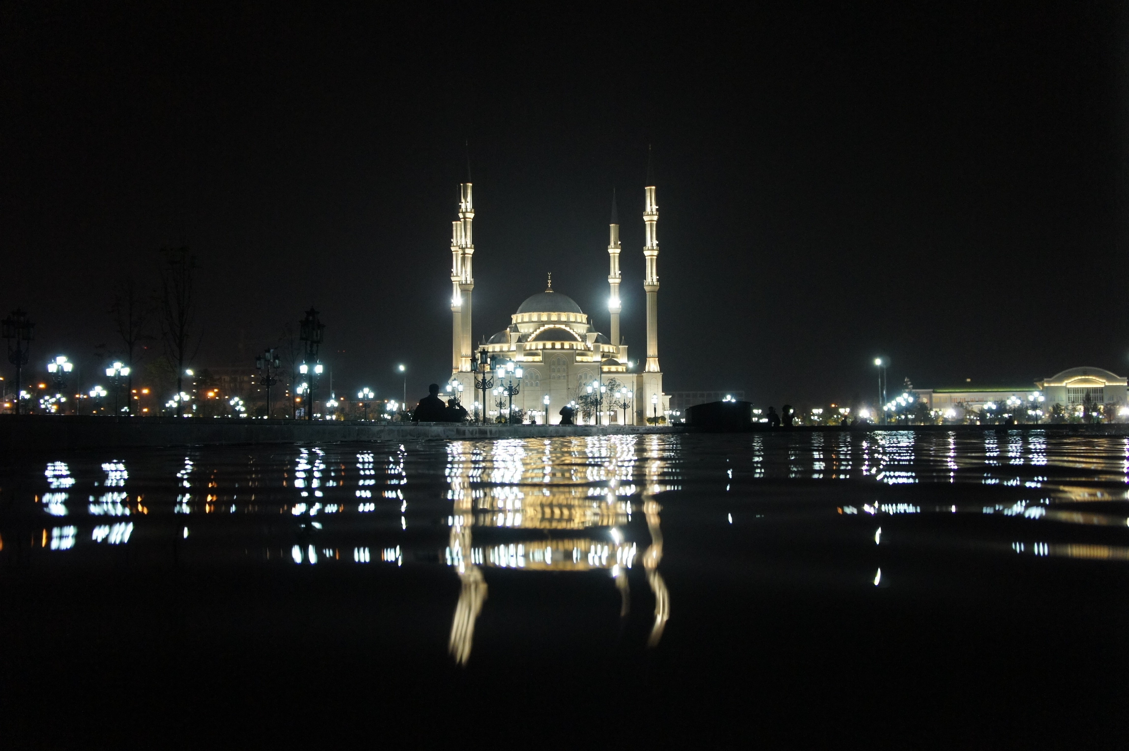 built structure, building exterior, government, spirituality, illuminated, city, sky, belief, Mosque, Eid al-adha, water, reflection, outdoors, dome, travel destinations, HD Wallpaper