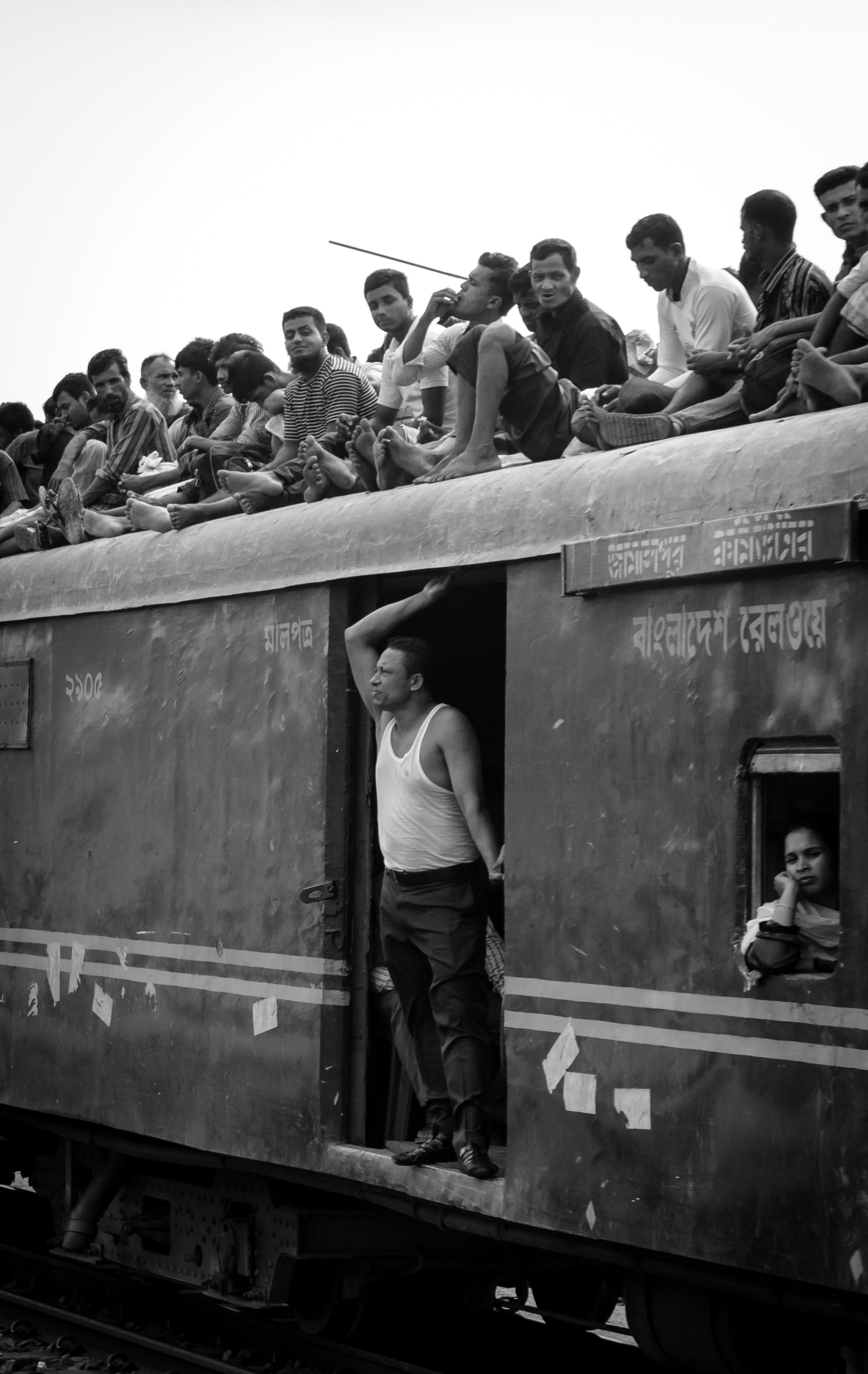 group of people, track, return home, face, culture, nature, asia, men, man, bangla, sky, eid, people, train, poor, railing, mode of transportation, clear sky, Phone HD Wallpaper