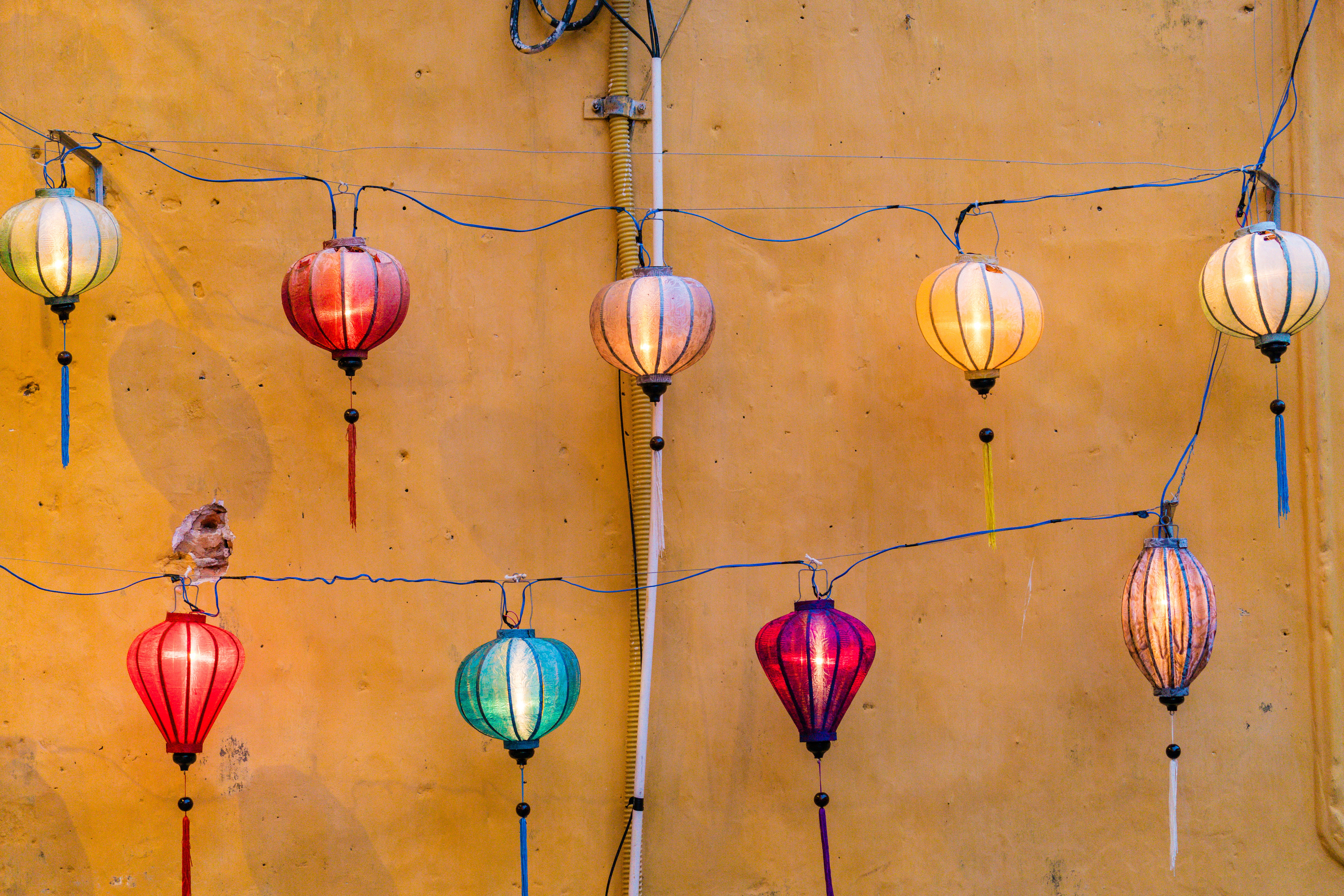 lamp, decor, chinese lantern festival, blue, no people, candle, holiday, bunting, color, low angle view, walll, lantern, chinese new year, 5K, multi colored, HD Wallpaper