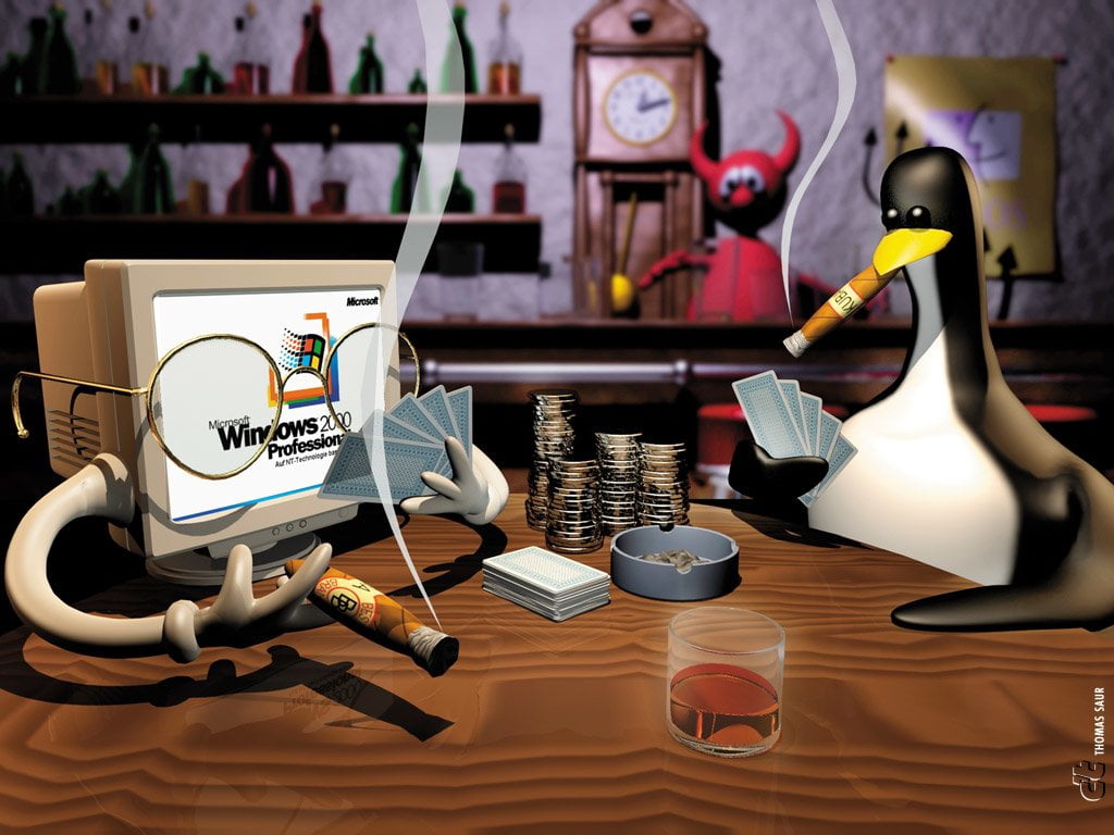 480P, kitchen utensil, playing, craft, still life, Technology, penguin, table, mug, crt, white, monitor, day, large group of objects, container, Linux, HD Wallpaper