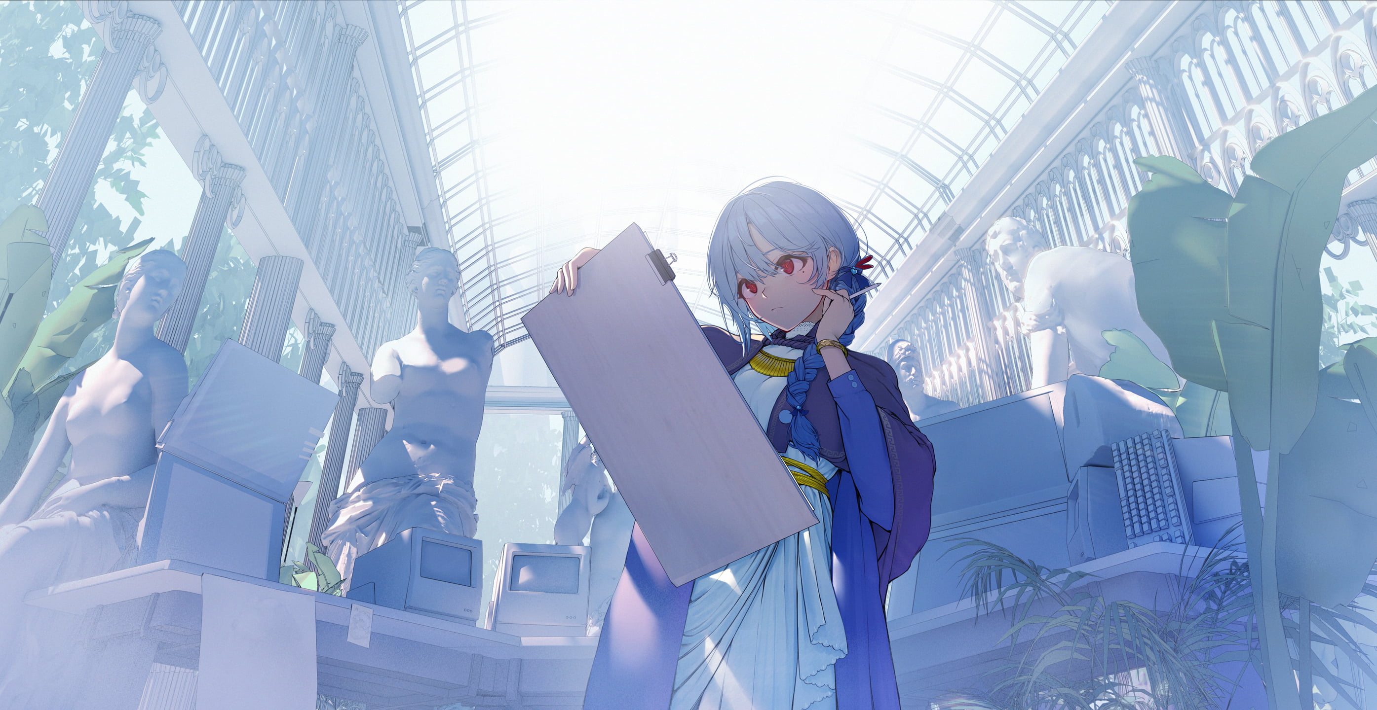 hair tail, anime, keyboards, pen, blue hair, scrunchy, wristband, Greek Columns, CRT Monitor, plants, statue, tablet, red eyes, anime girls, 2K, long hair, HD Wallpaper