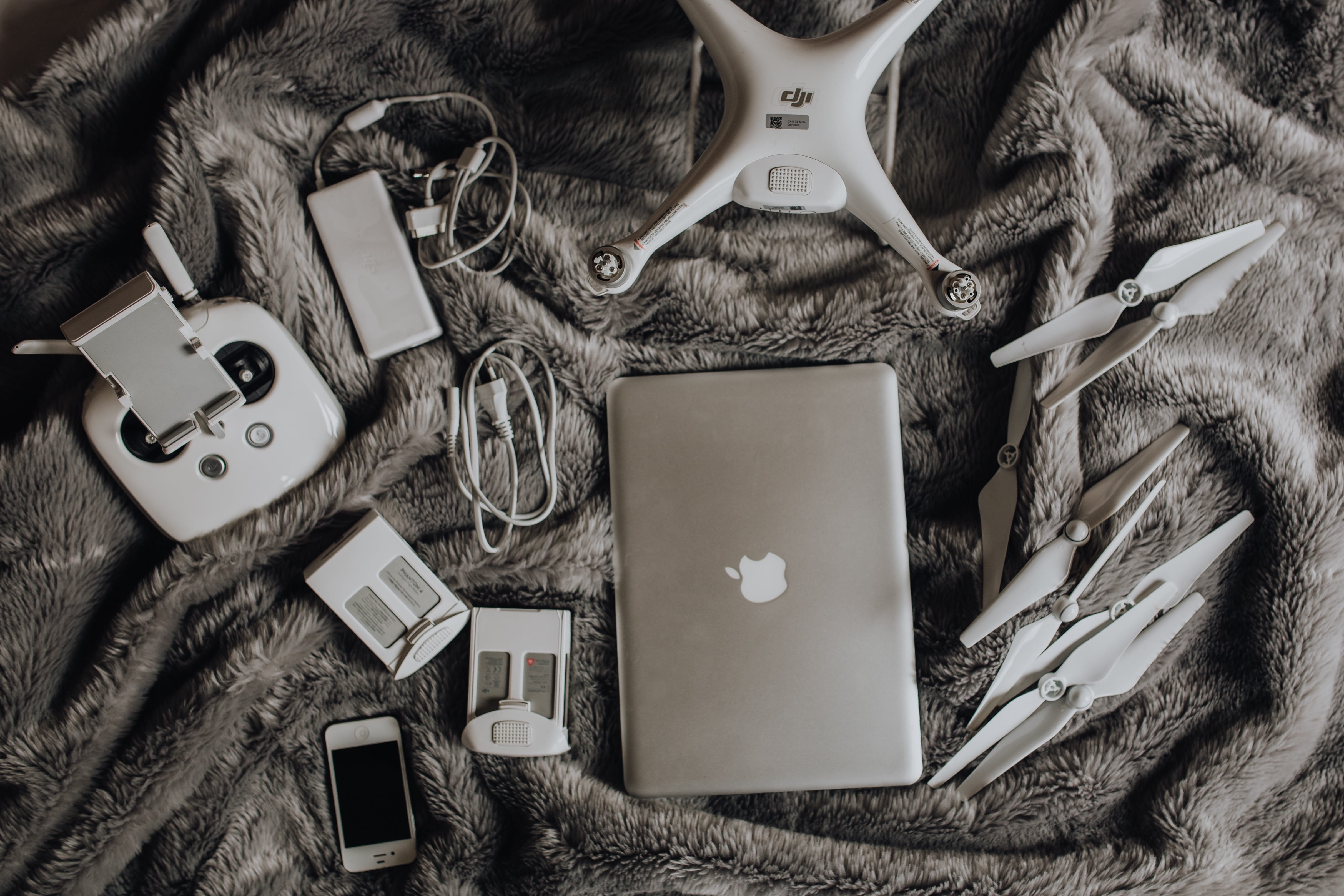 macbook, accessories, connection, 4K, lie, laptop, book, bed, table, large group of objects, eyeglasses, dji, no people, directly above, ready, high angle view, HD Wallpaper