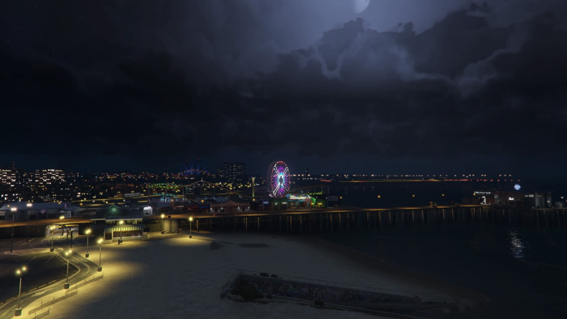 storm, night, clouds, Grand Theft Auto Online, PlayStation 4, beach, Grand Theft Auto V, video games, city lights, fair, 1080P, HD Wallpaper