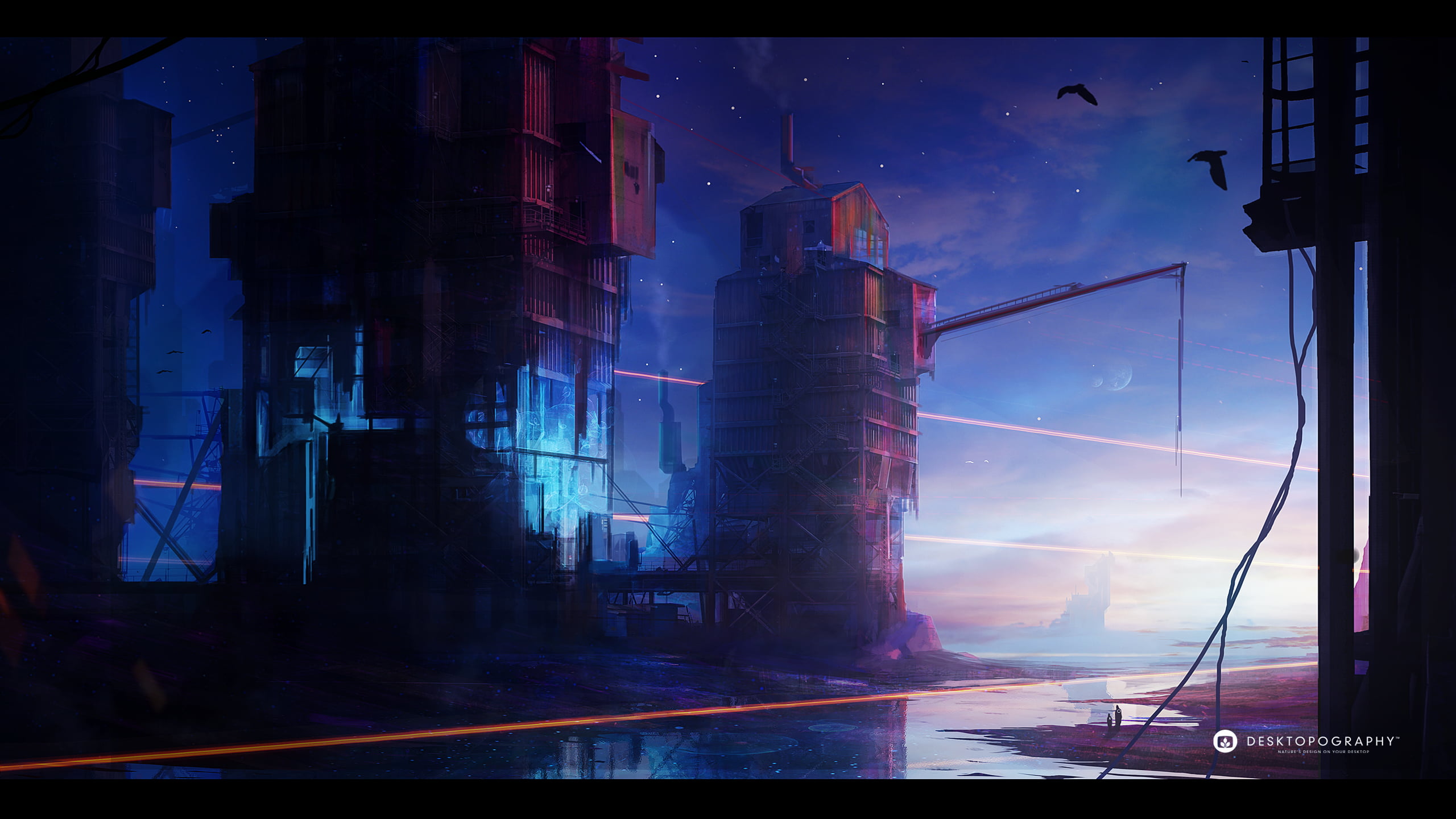 Photoshop, no people, space, skyscraper, fantasy art, 2K, flat, architecture, reflection, screen, science fiction, television, water, city, office building exterior, HD Wallpaper