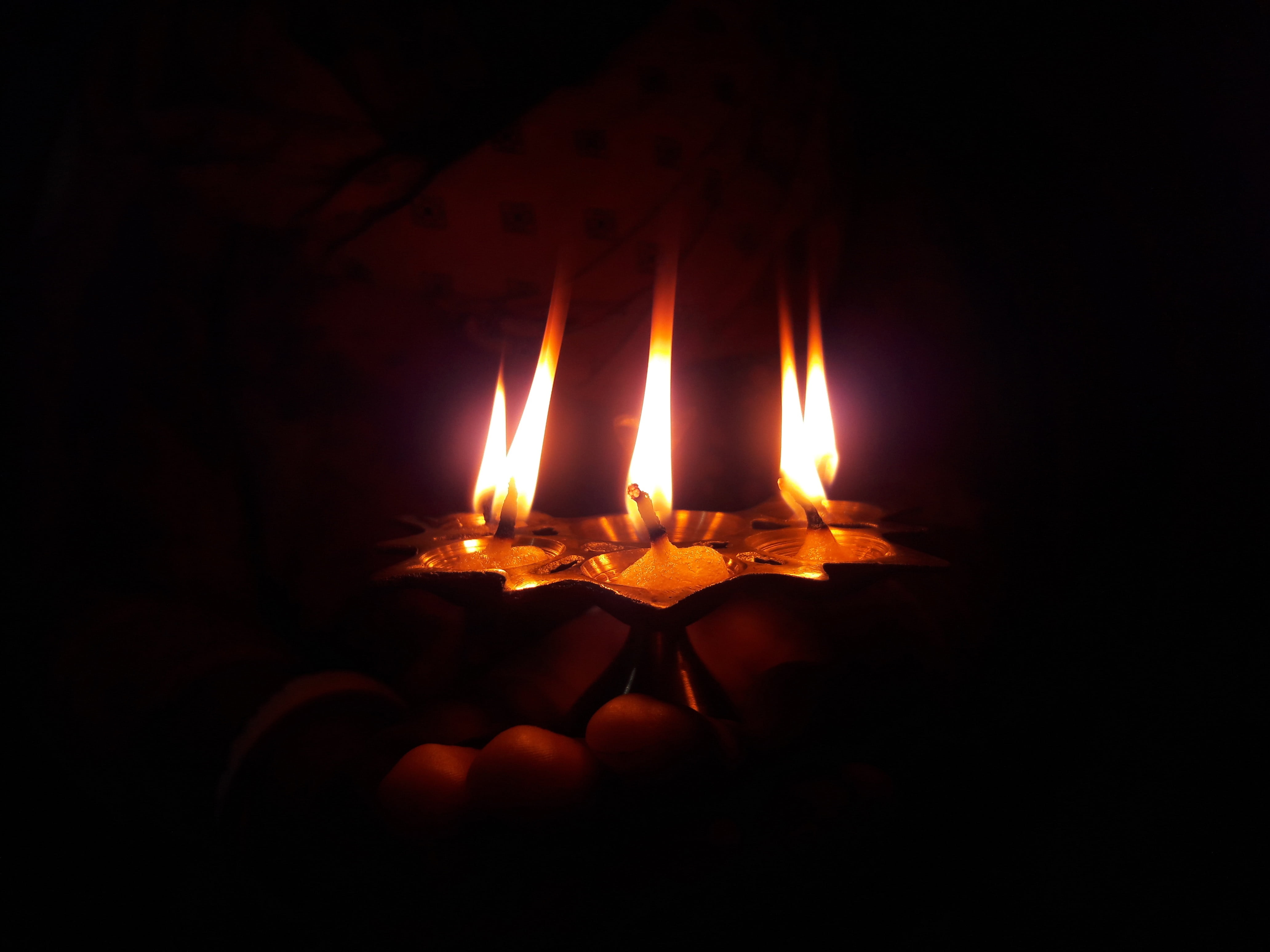 4K, burning, diya - oil lamp, illuminated, lighting equipment, studio shot, heat - temperature, nature, light, people, close-up, inferno, human hand, glowing, HD Wallpaper